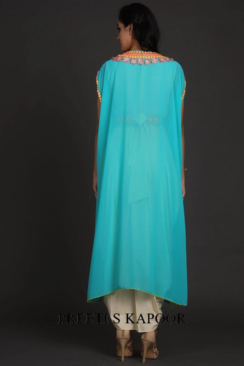 Blue & Cream Embroidered Jumpsuit With Cape - Preeti S Kapoor