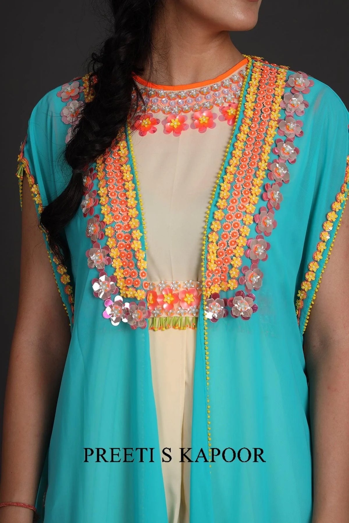 Blue & Cream Embroidered Jumpsuit With Cape - Preeti S Kapoor