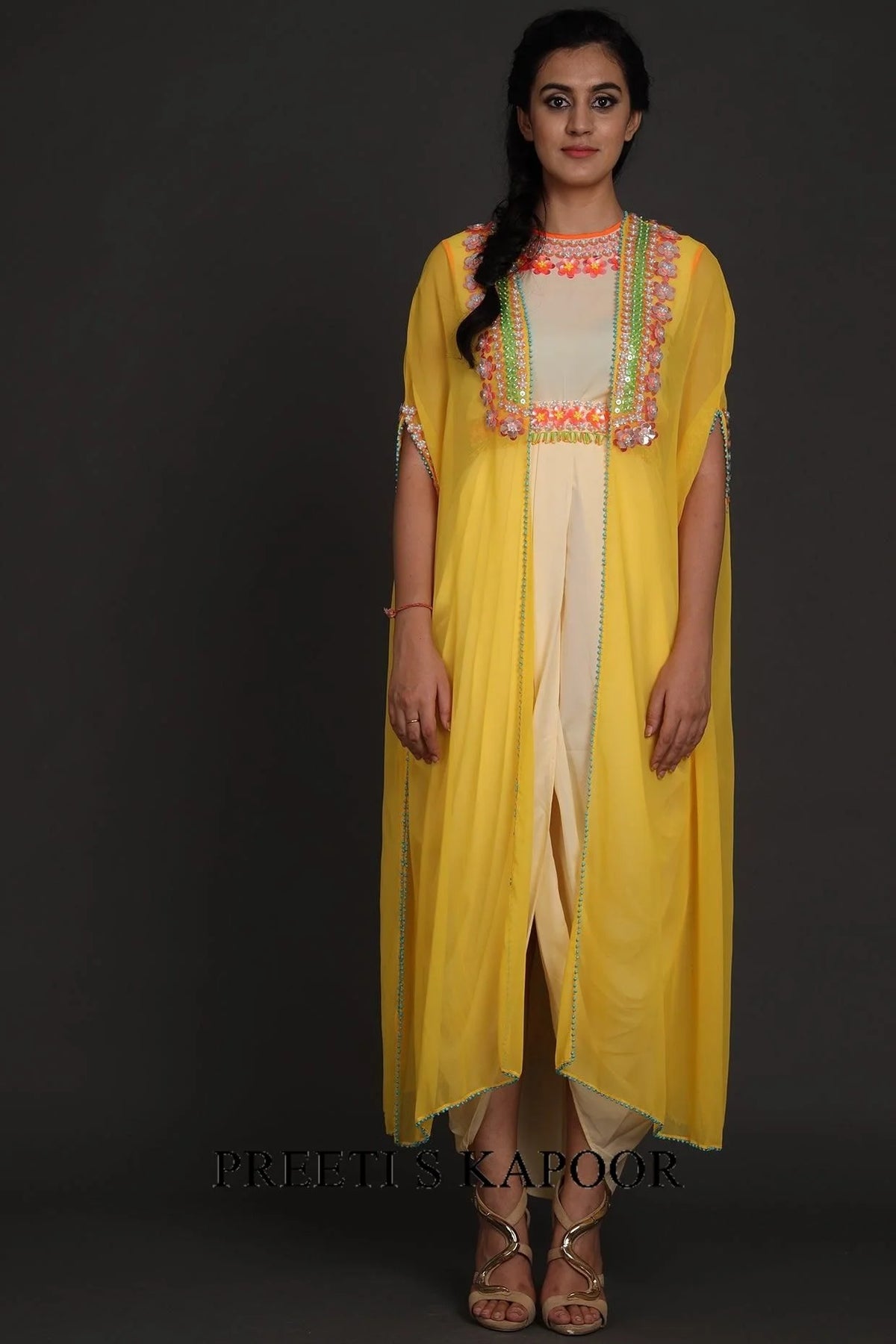 Yellow & Cream Embroidered Jumpsuit With Cape - Preeti S Kapoor