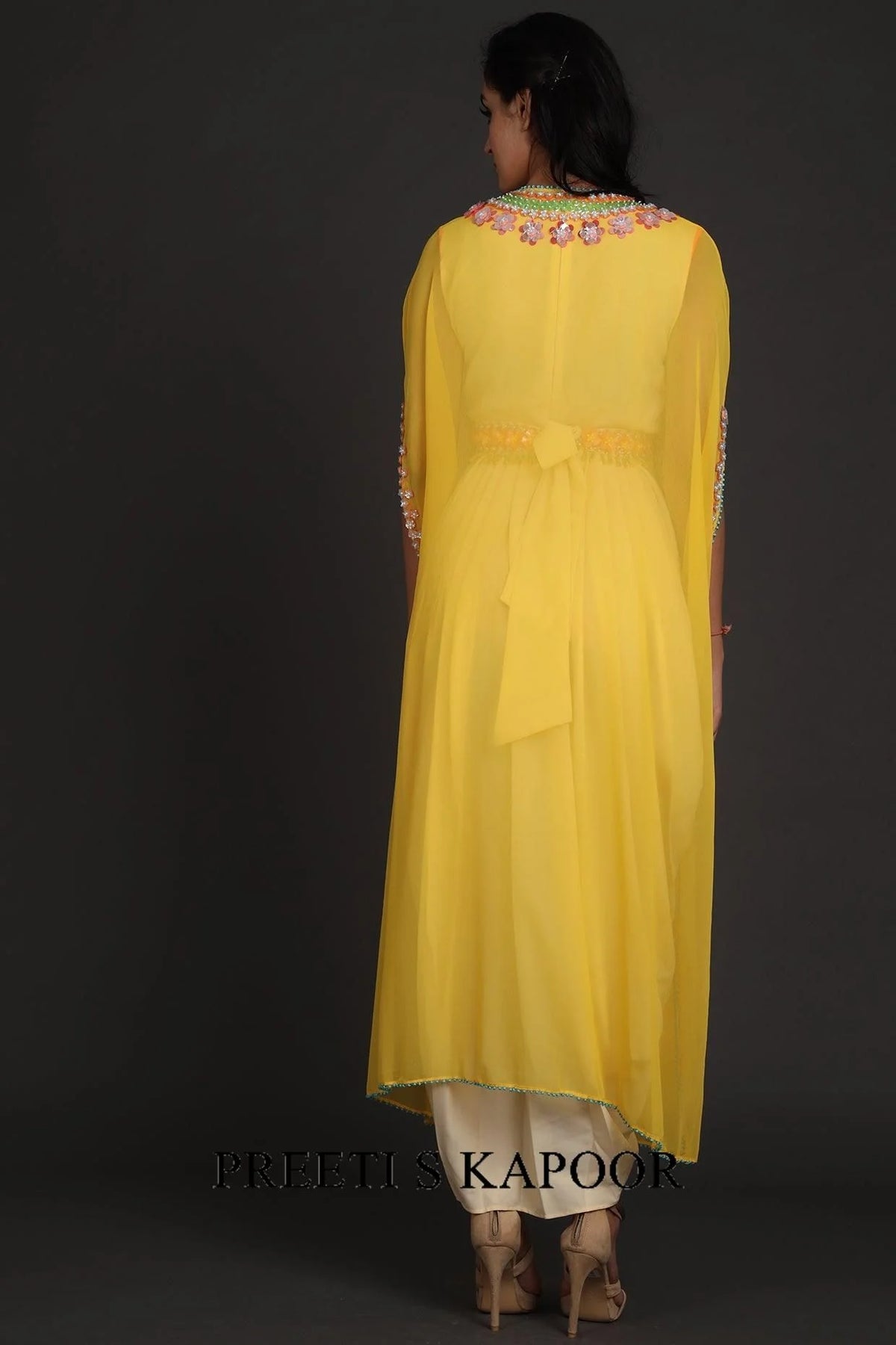 Yellow & Cream Embroidered Jumpsuit With Cape - Preeti S Kapoor