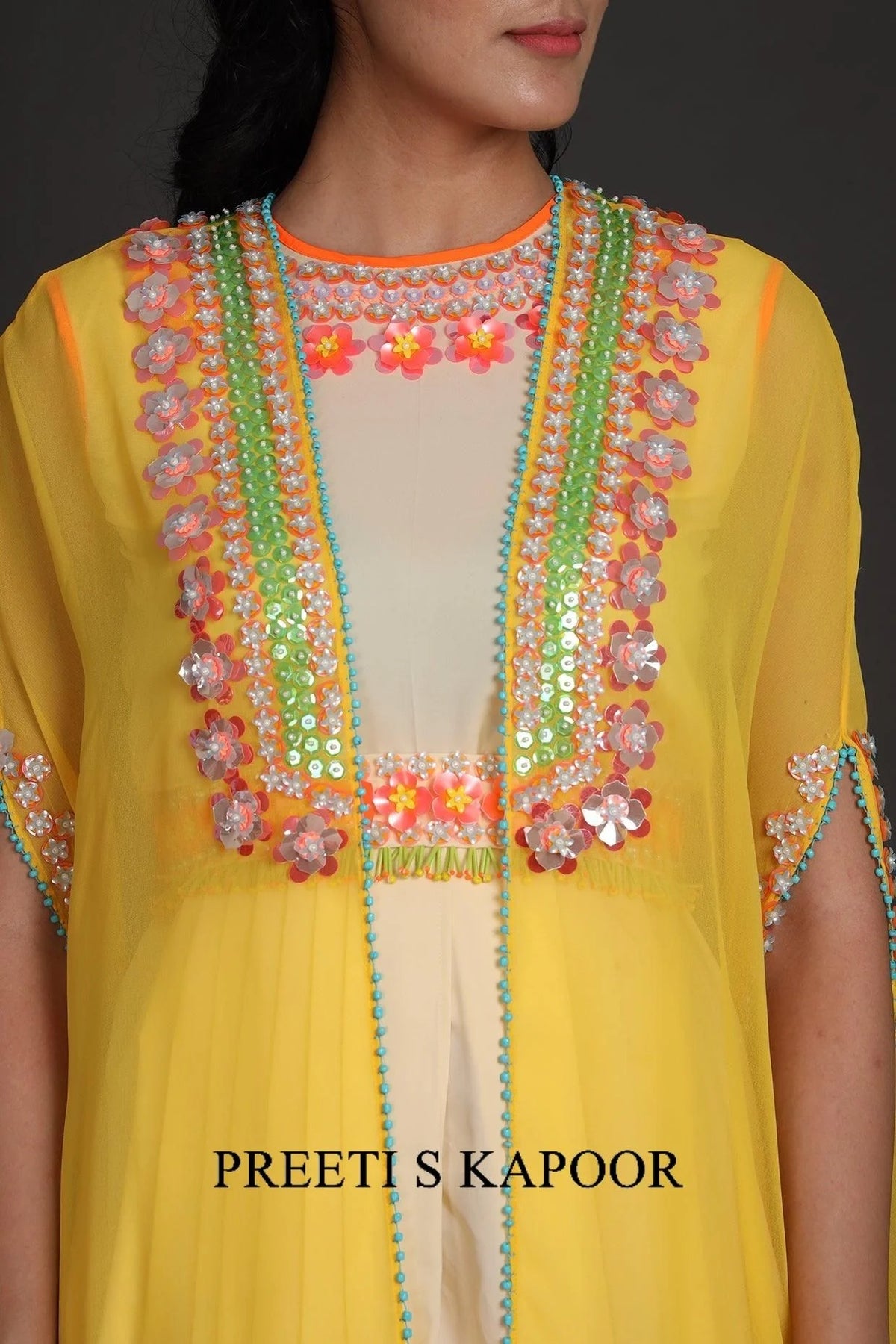 Yellow & Cream Embroidered Jumpsuit With Cape - Preeti S Kapoor
