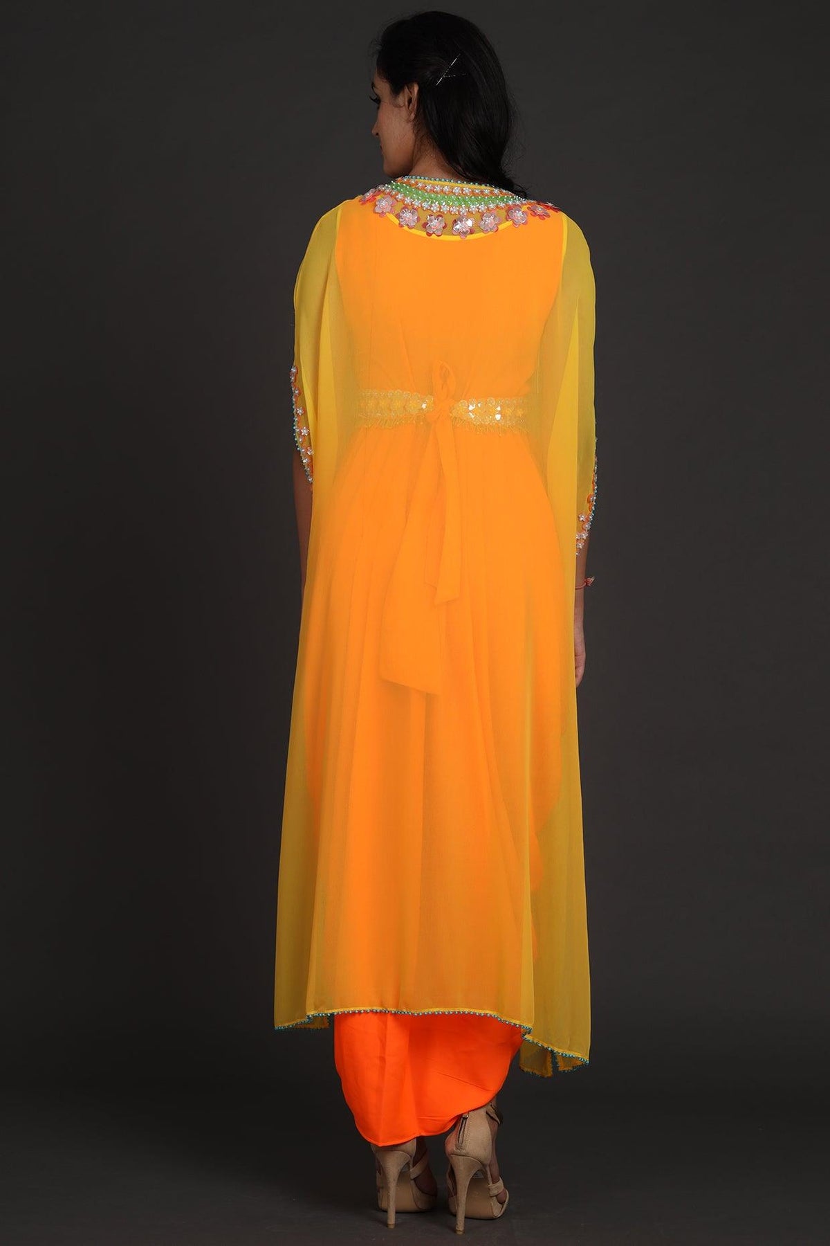 Yellow & Orange Sequins Embroidered Jumpsuit With Cape - Preeti s kapoor