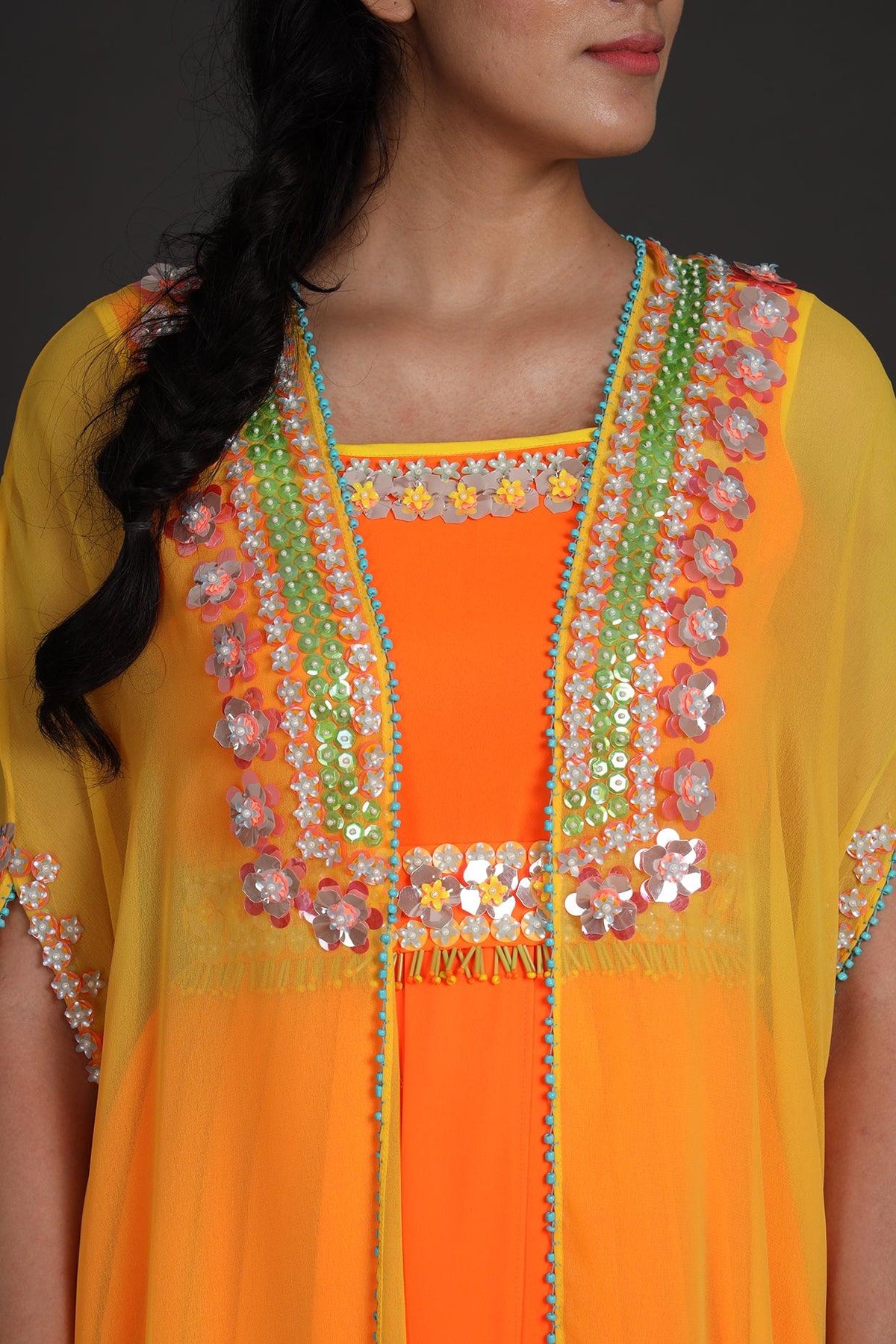 Yellow & Orange Sequins Embroidered Jumpsuit With Cape - Preeti s kapoor