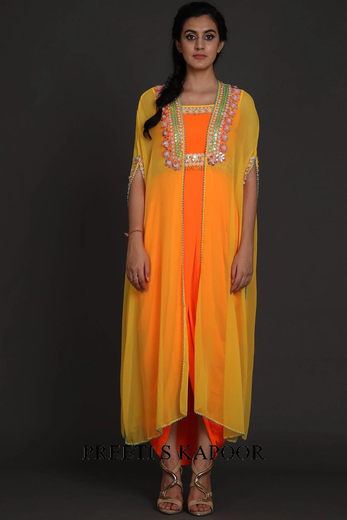 Yellow & Orange Sequins Embroidered Jumpsuit With Cape - Preeti S Kapoor