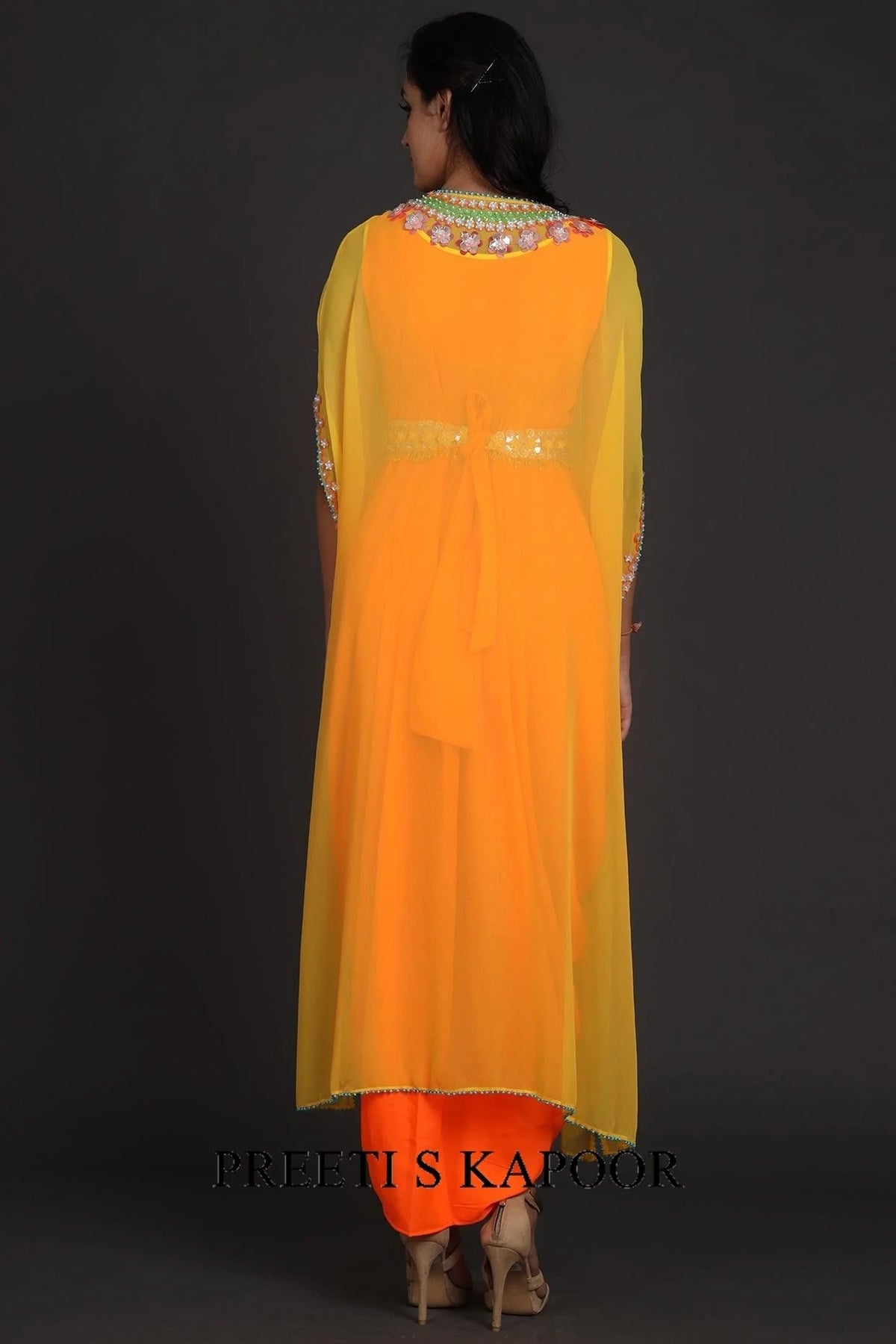 Yellow & Orange Sequins Embroidered Jumpsuit With Cape - Preeti S Kapoor