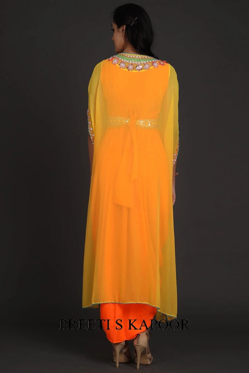 Yellow & Orange Sequins Embroidered Jumpsuit With Cape - Preeti S Kapoor