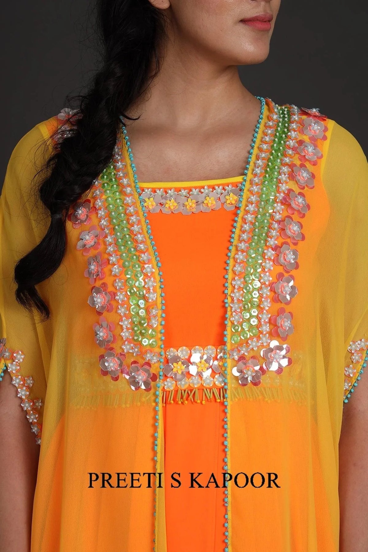 Yellow & Orange Sequins Embroidered Jumpsuit With Cape - Preeti S Kapoor