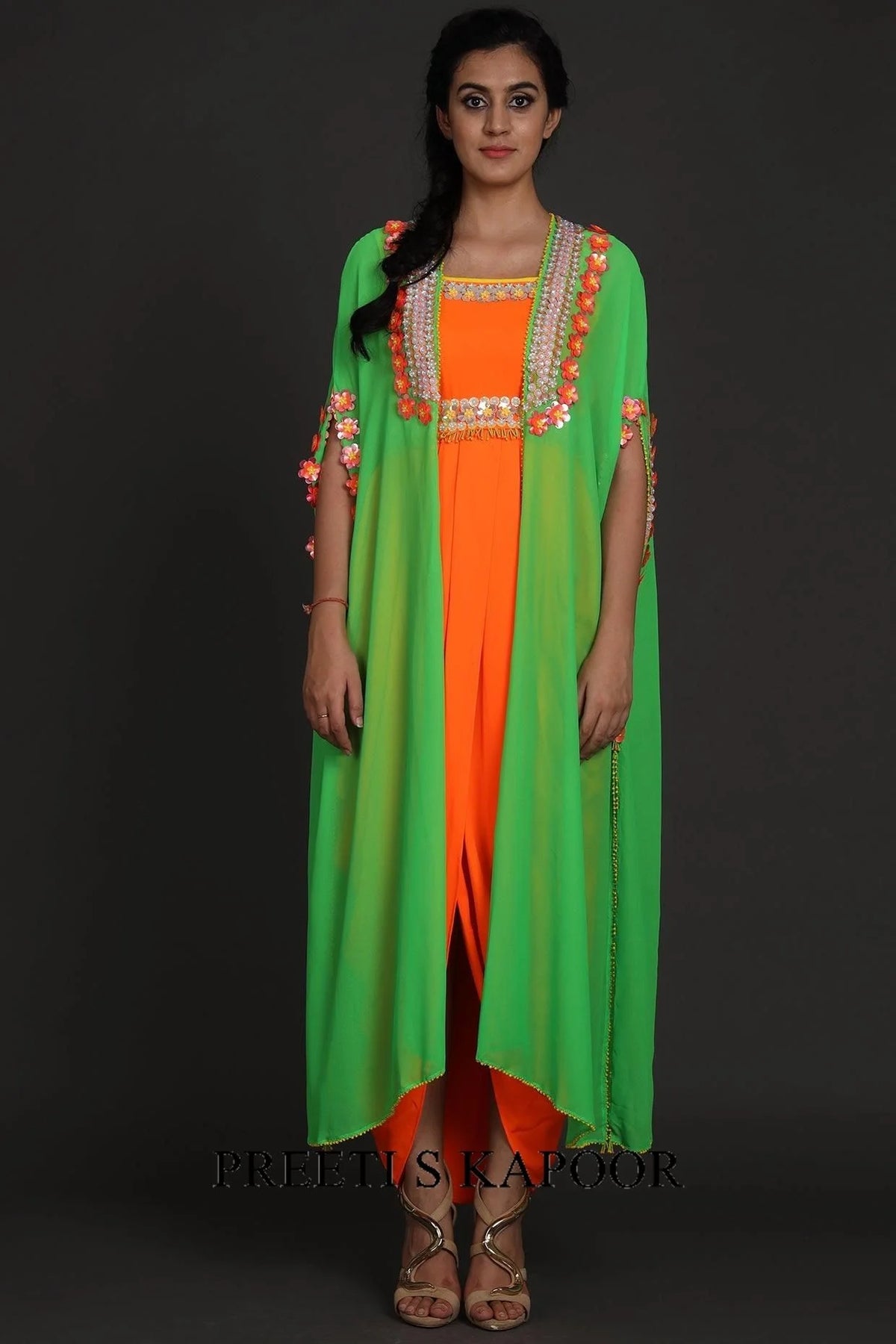 Green & Orange Sequins Embroidered Jumpsuit With Cape - Preeti S Kapoor