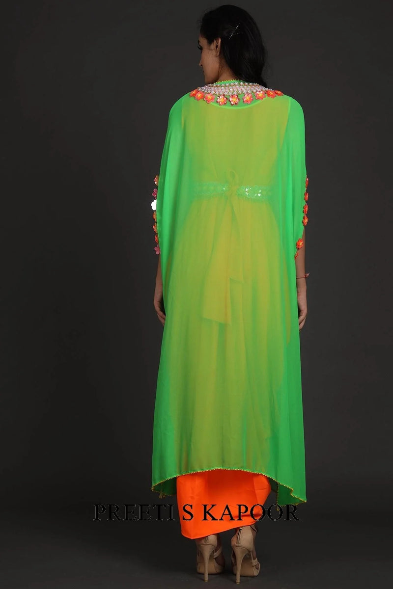 Green & Orange Sequins Embroidered Jumpsuit With Cape - Preeti S Kapoor