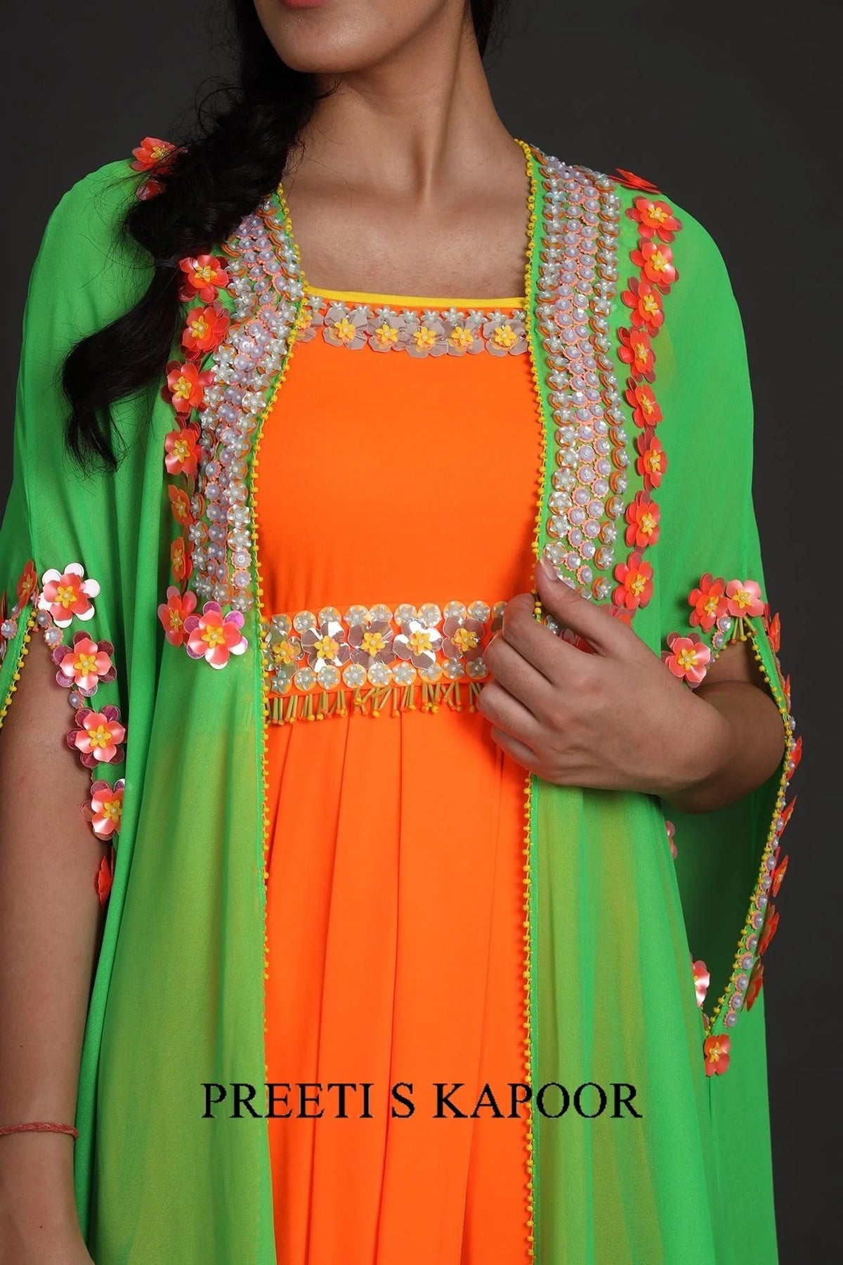 Green & Orange Sequins Embroidered Jumpsuit With Cape - Preeti S Kapoor