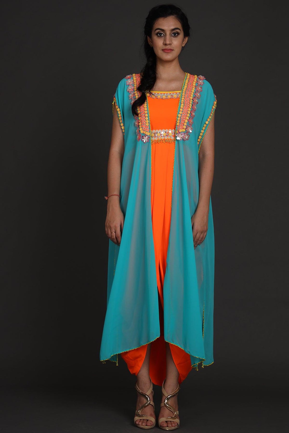 Sky Blue & Orange Embroidered Jumpsuit With Cape - Preeti s kapoor