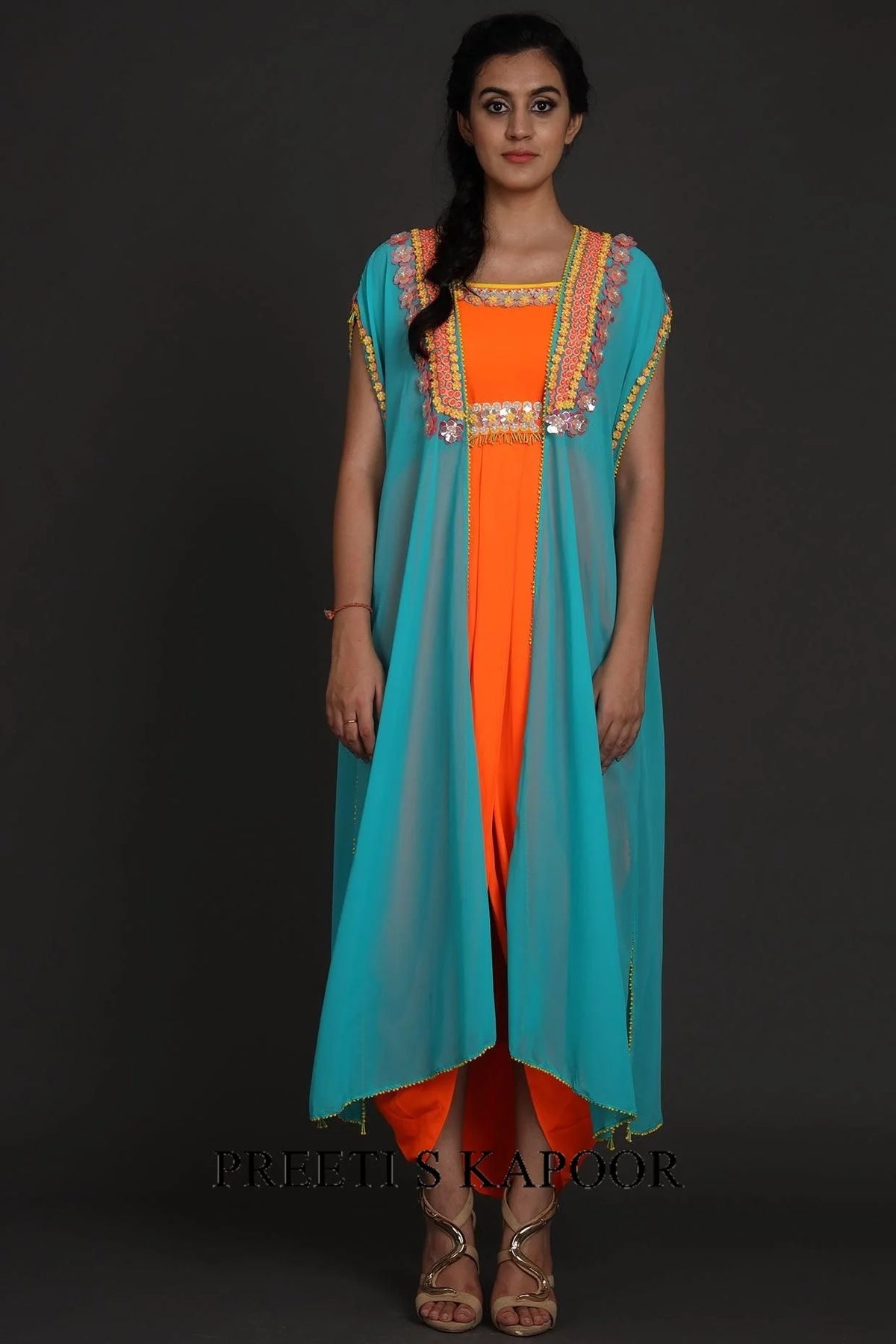 Sky Blue & Orange Embroidered Jumpsuit With Cape - Preeti S Kapoor