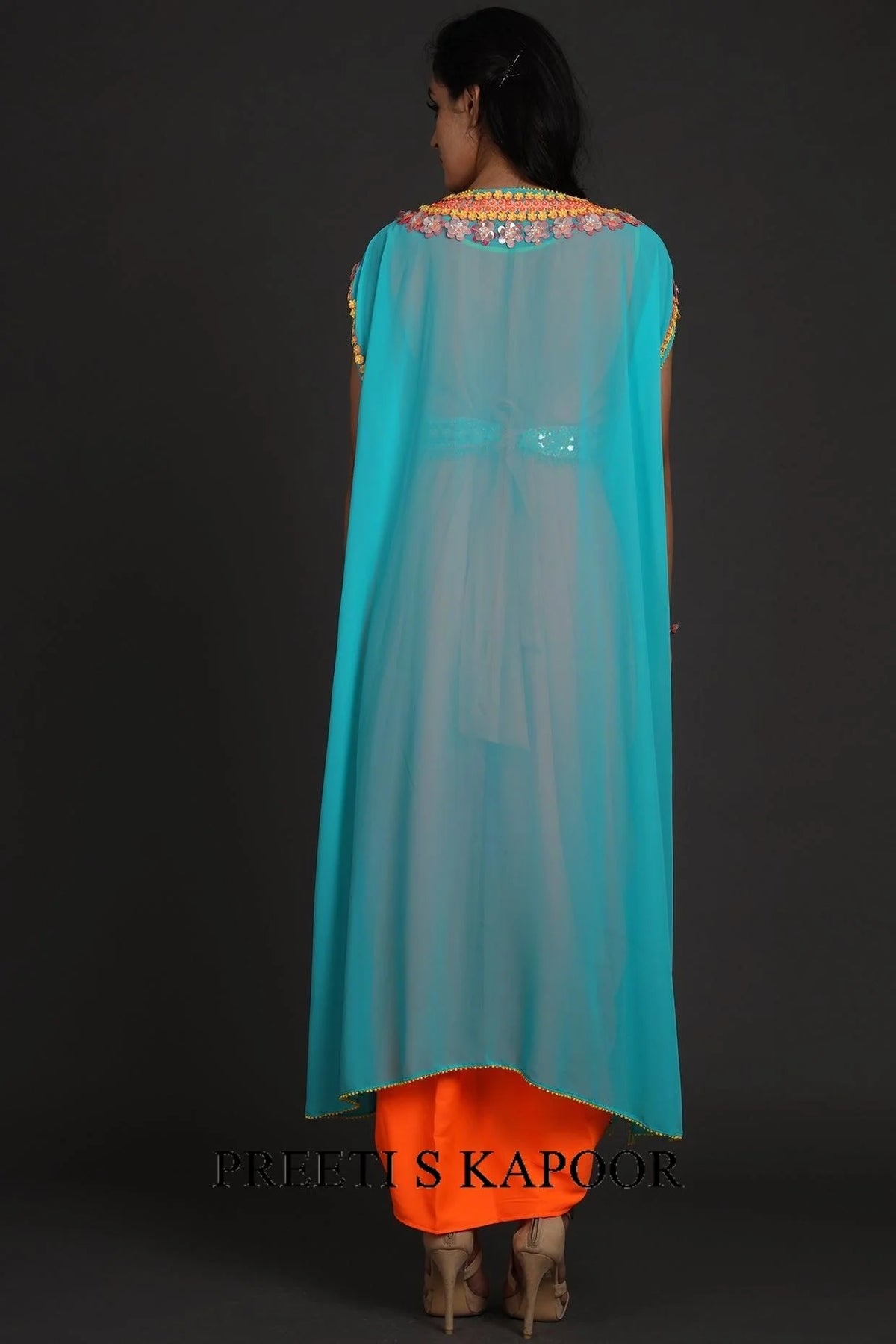 Sky Blue & Orange Embroidered Jumpsuit With Cape - Preeti S Kapoor