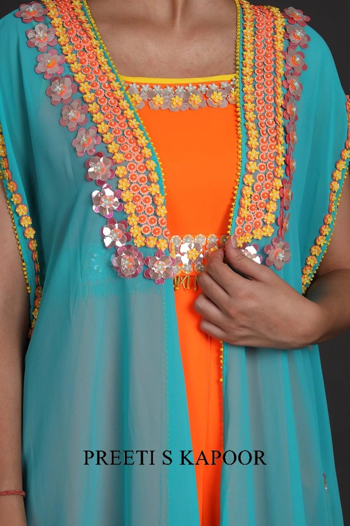Sky Blue & Orange Embroidered Jumpsuit With Cape - Preeti S Kapoor