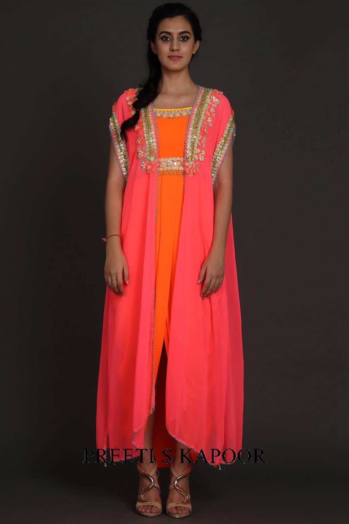Fuchsia & Orange Embroidered Jumpsuit With Cape - Preeti S Kapoor