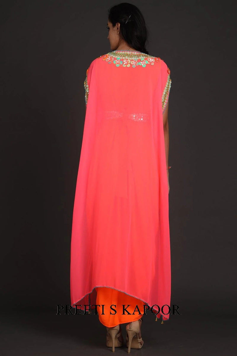 Fuchsia & Orange Embroidered Jumpsuit With Cape - Preeti S Kapoor