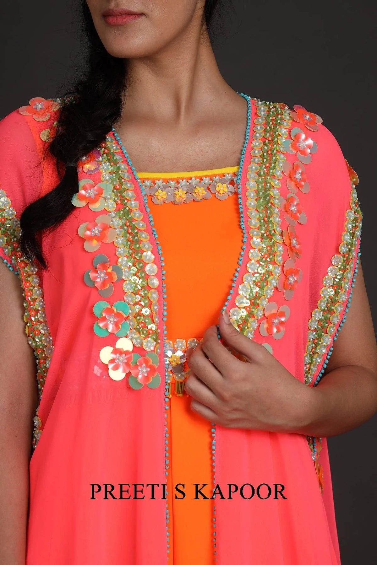 Fuchsia & Orange Embroidered Jumpsuit With Cape - Preeti S Kapoor