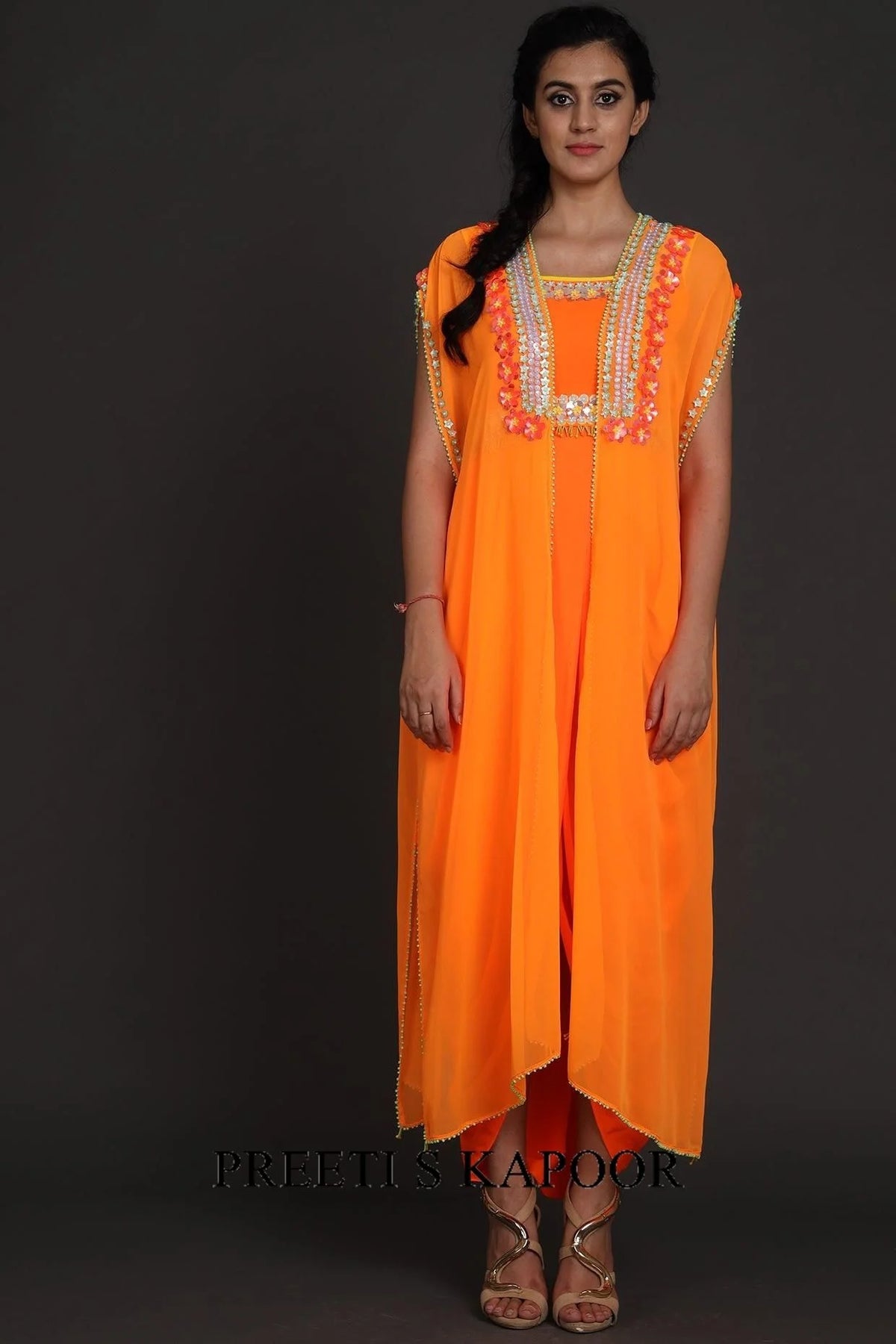 Orange Embroidered Jumpsuit With Cape - Preeti S Kapoor