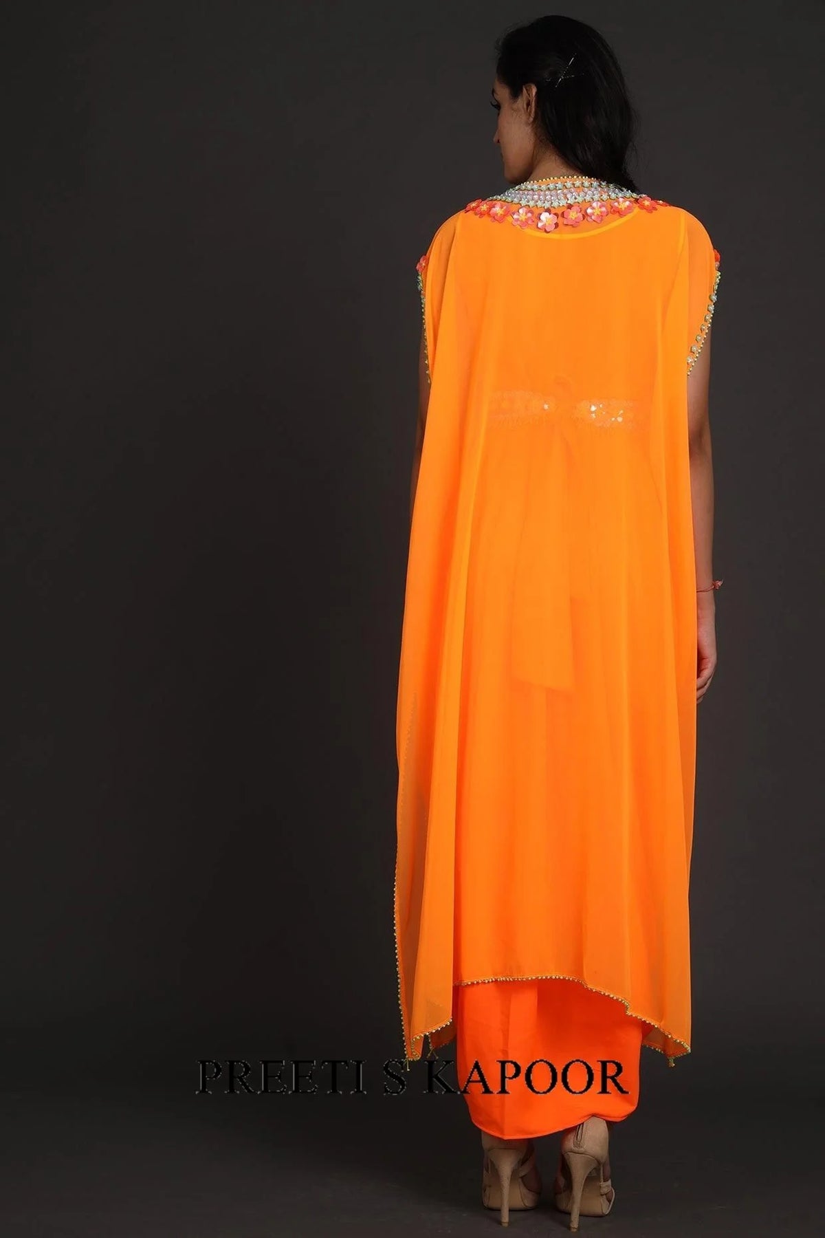 Orange Embroidered Jumpsuit With Cape - Preeti S Kapoor