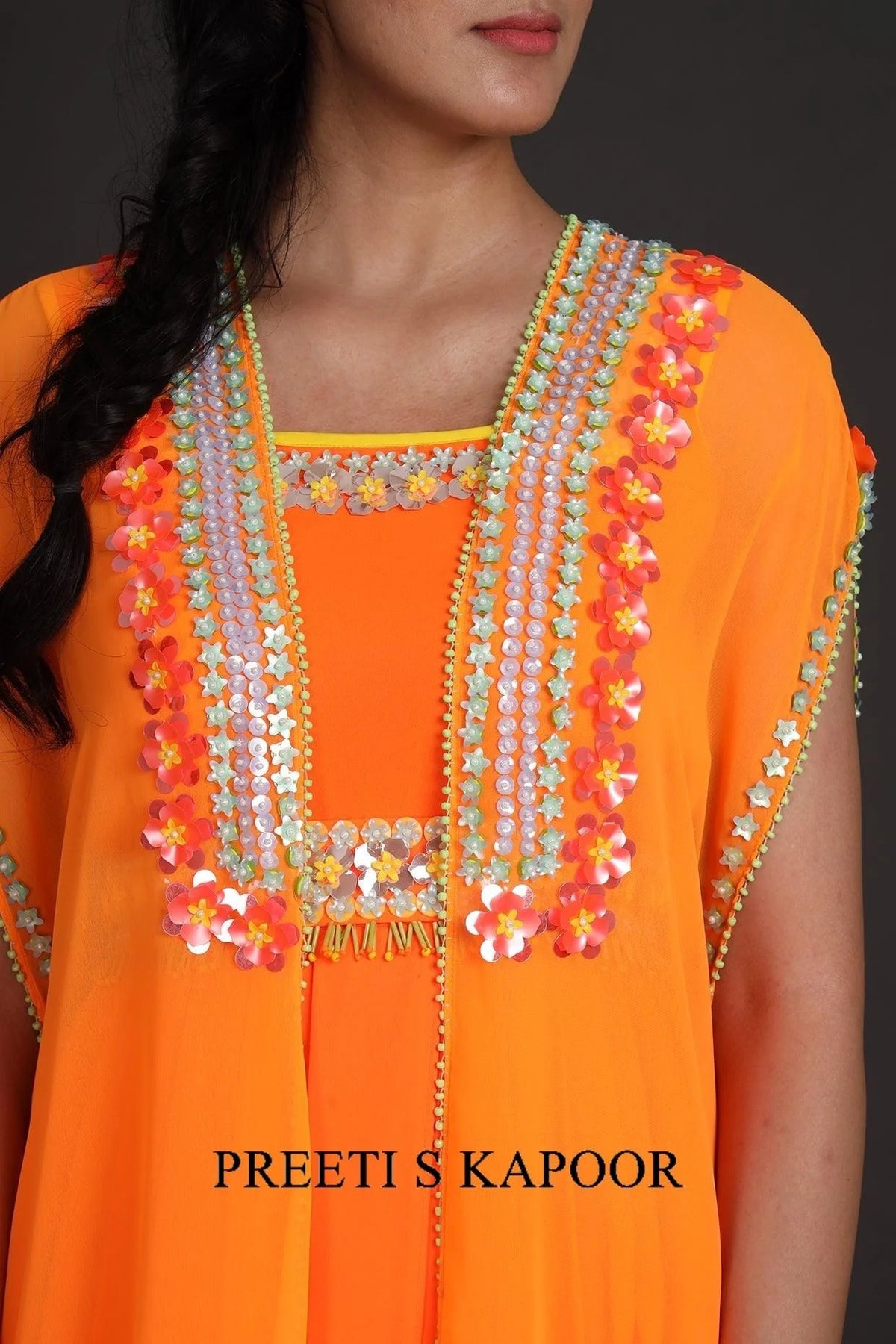Orange Embroidered Jumpsuit With Cape - Preeti S Kapoor