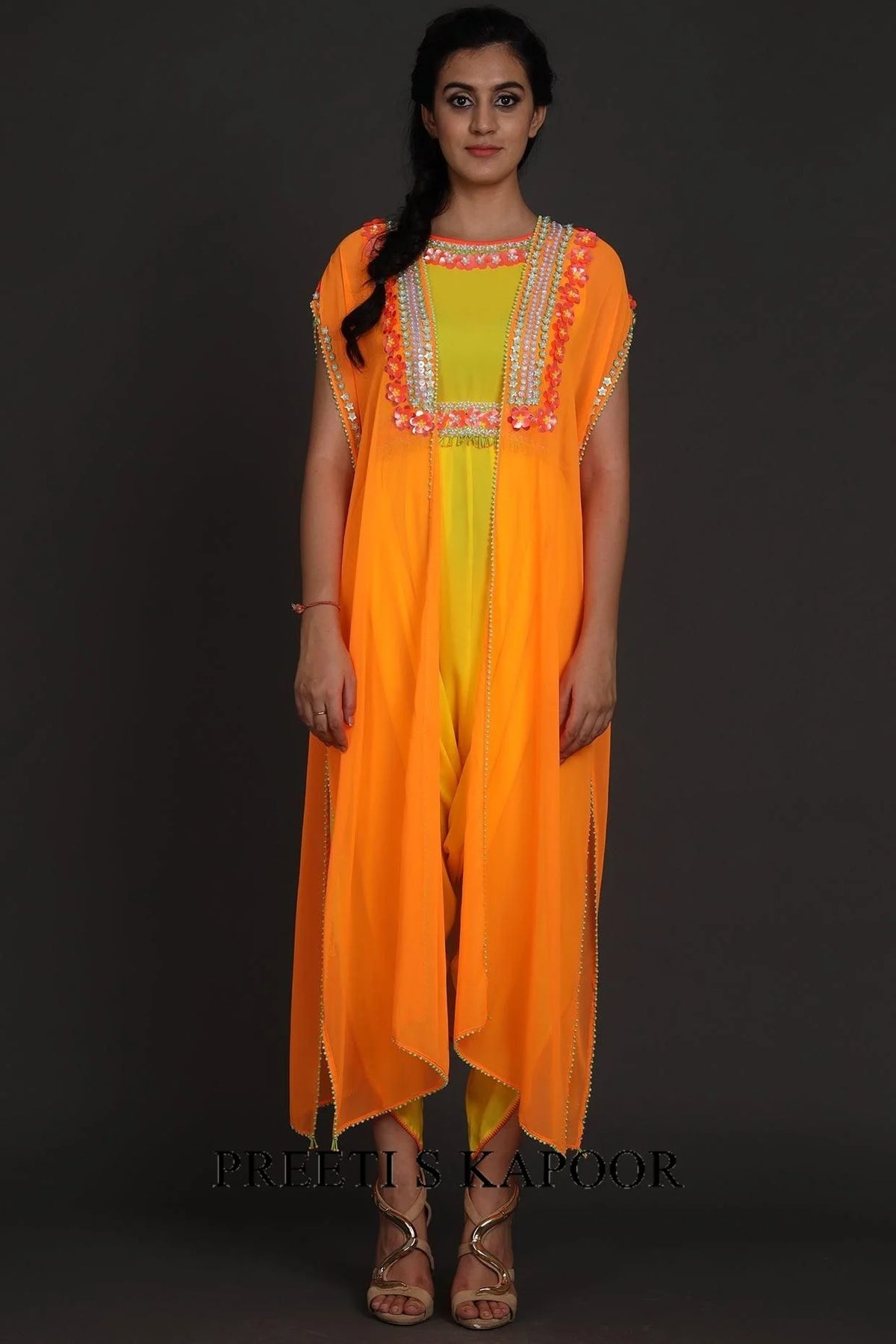 Yellow & Orange Embroidered Jumpsuit With Cape - Preeti S Kapoor