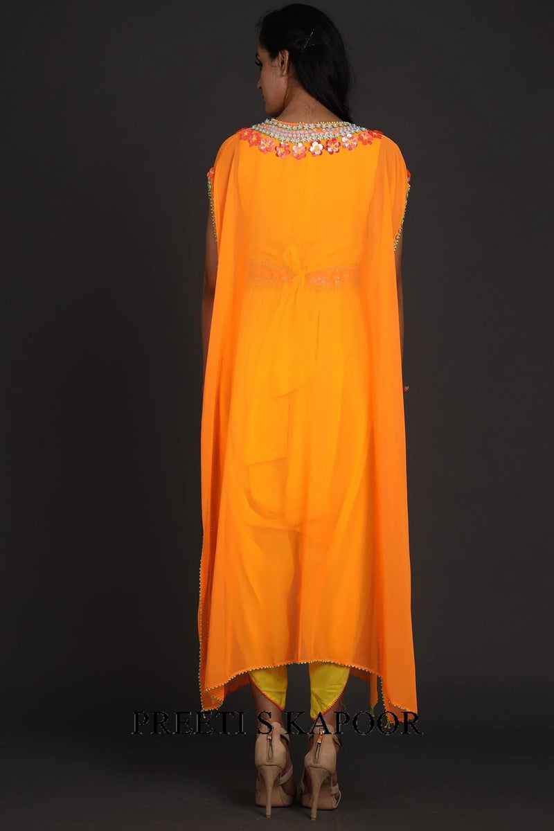 Yellow & Orange Embroidered Jumpsuit With Cape - Preeti S Kapoor