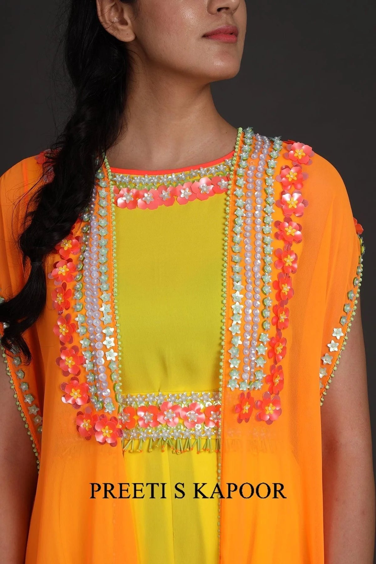 Yellow & Orange Embroidered Jumpsuit With Cape - Preeti S Kapoor