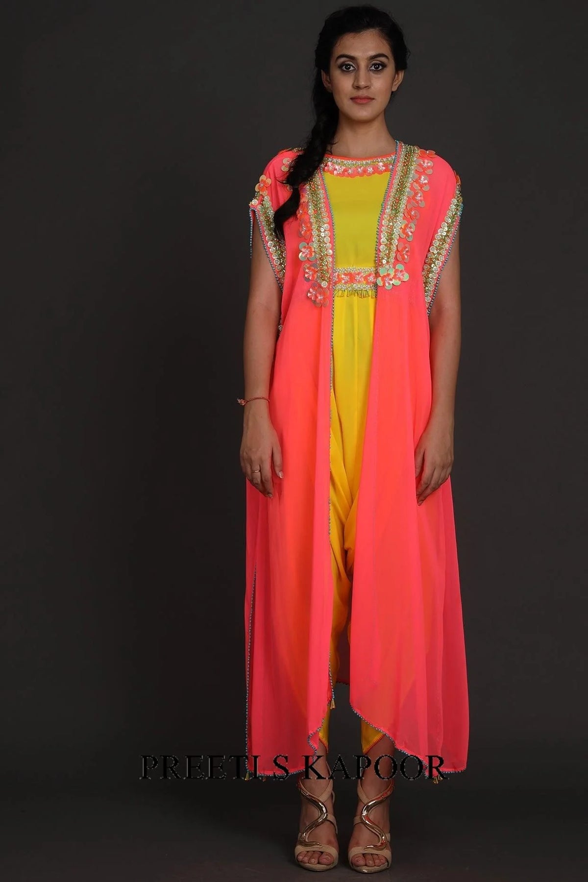 Yellow & Pink Embroidered Jumpsuit With Cape - Preeti S Kapoor