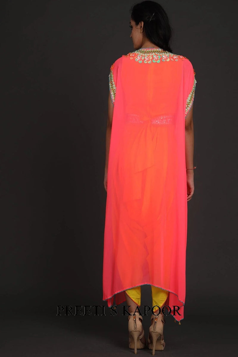 Yellow & Pink Embroidered Jumpsuit With Cape - Preeti S Kapoor