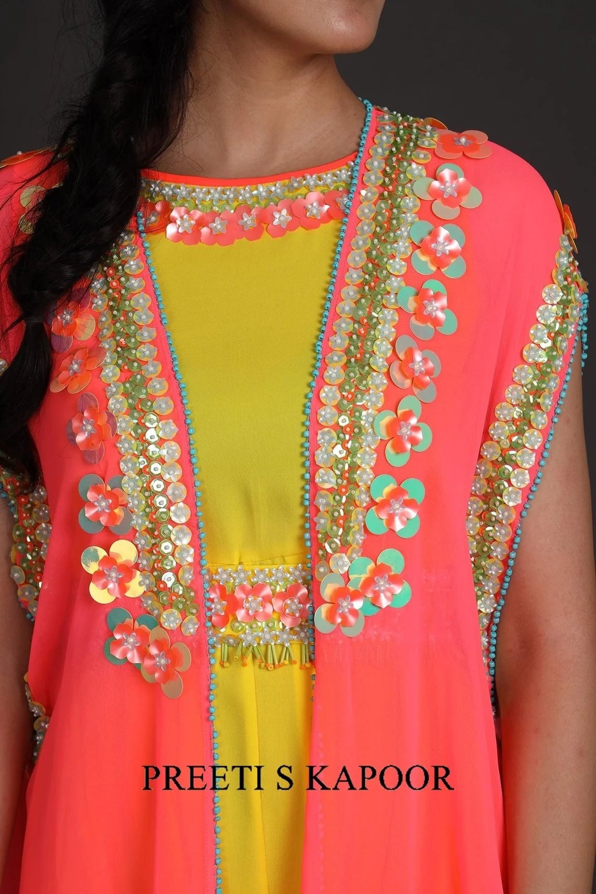 Yellow & Pink Embroidered Jumpsuit With Cape - Preeti S Kapoor