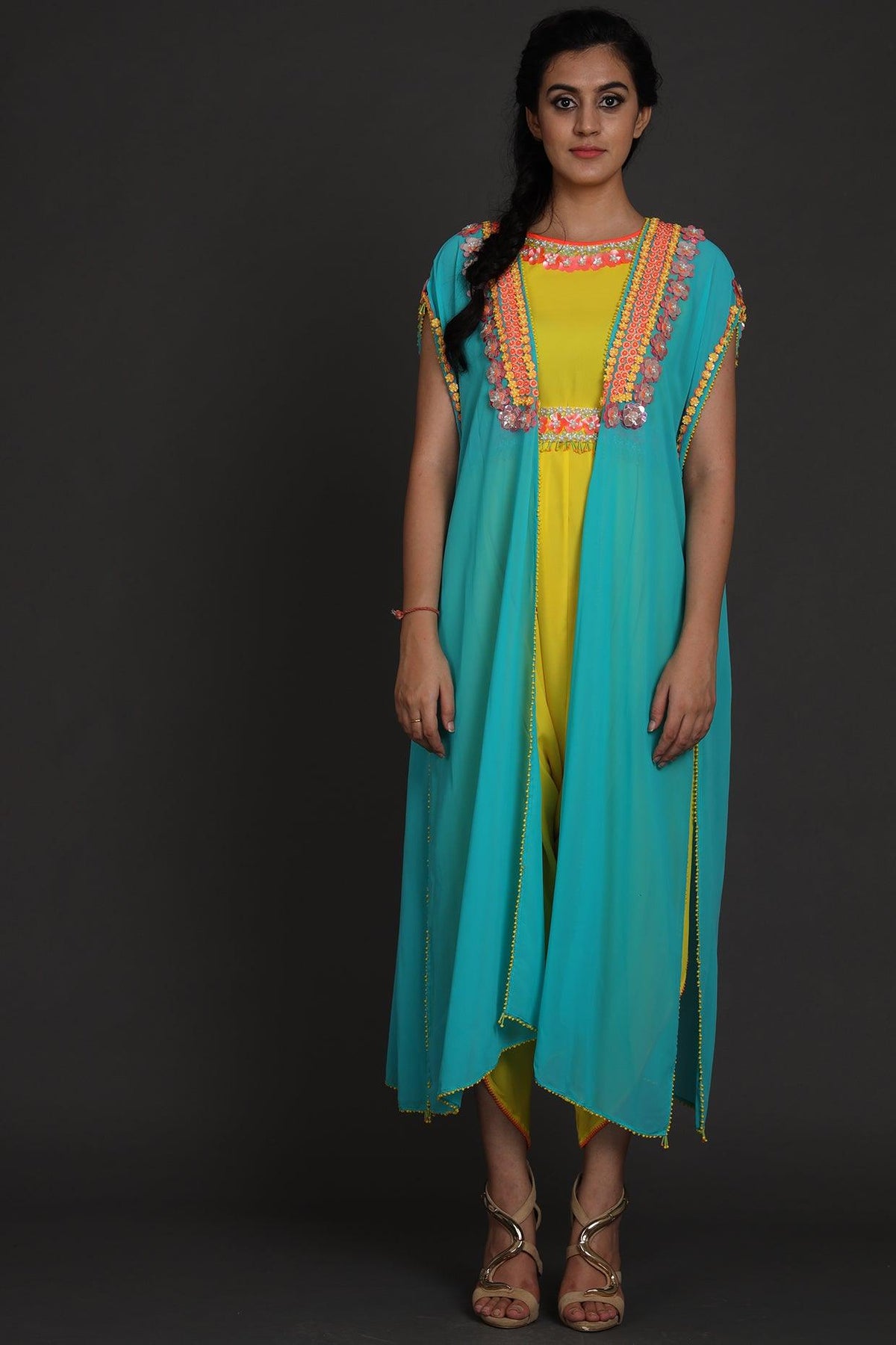Yellow & Blue Embroidered Jumpsuit With Cape - Preeti s kapoor