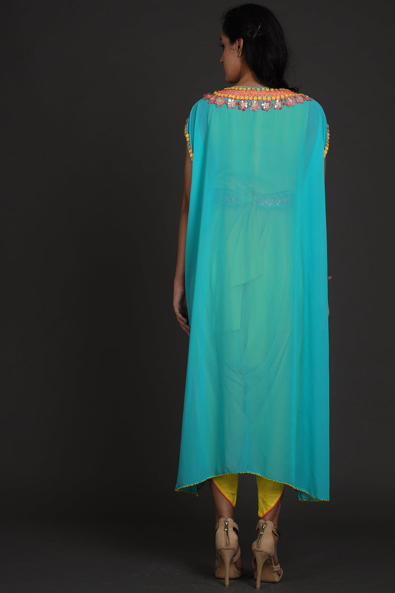 Yellow & Blue Embroidered Jumpsuit With Cape - Preeti s kapoor