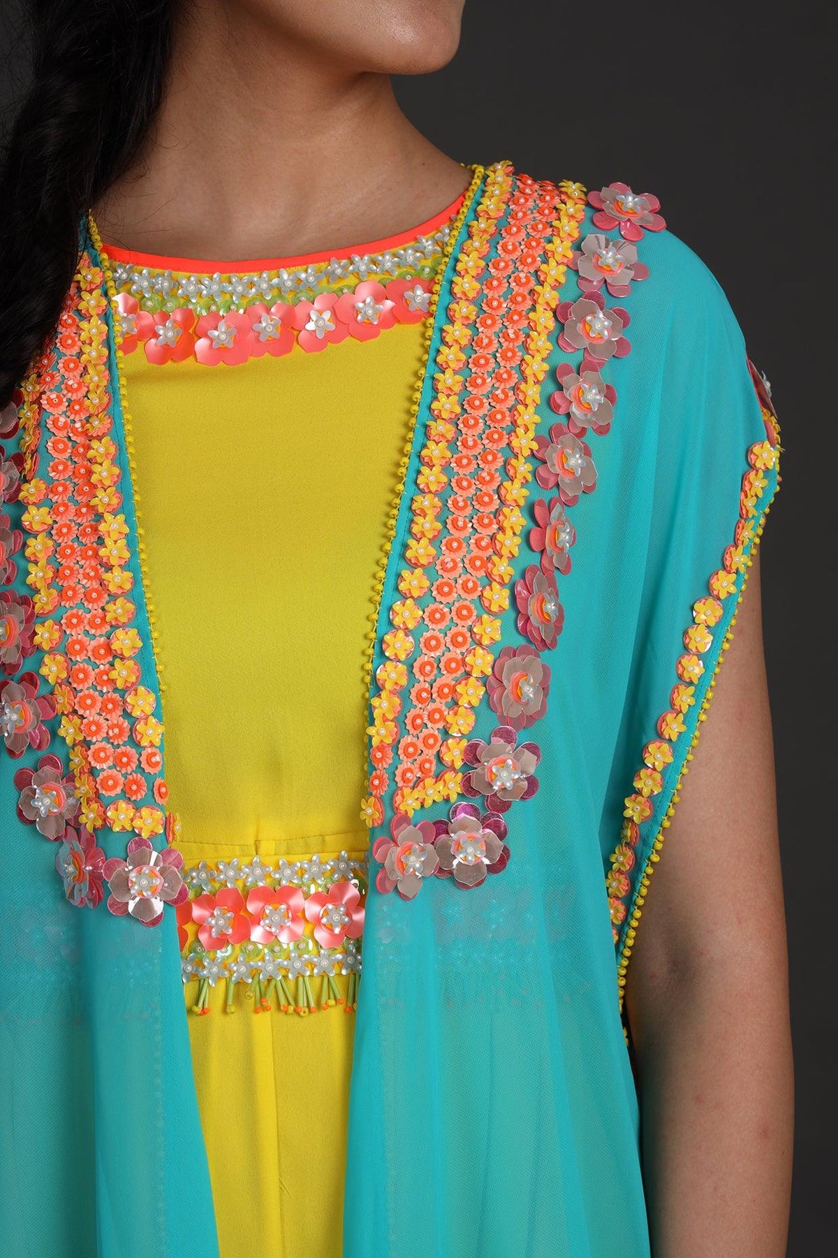 Yellow & Blue Embroidered Jumpsuit With Cape - Preeti s kapoor
