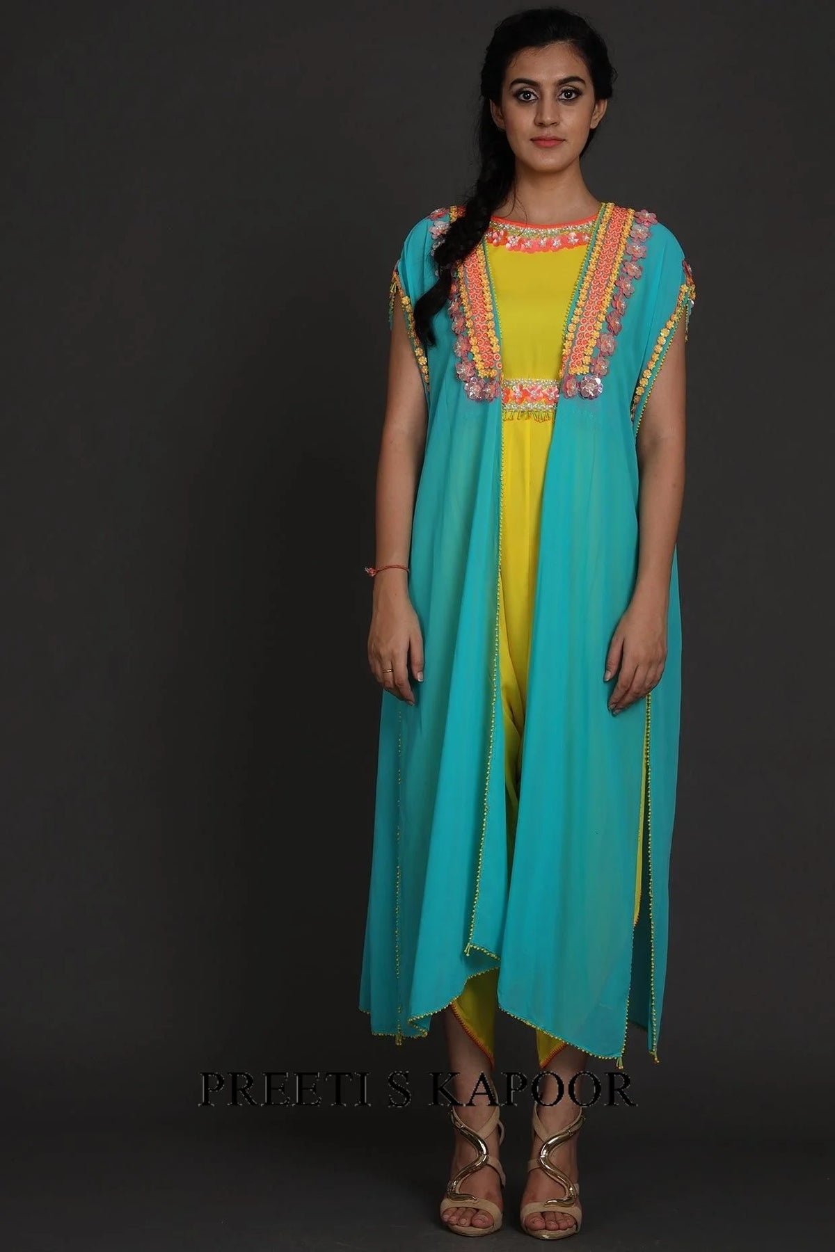 Yellow & Blue Embroidered Jumpsuit With Cape - Preeti S Kapoor