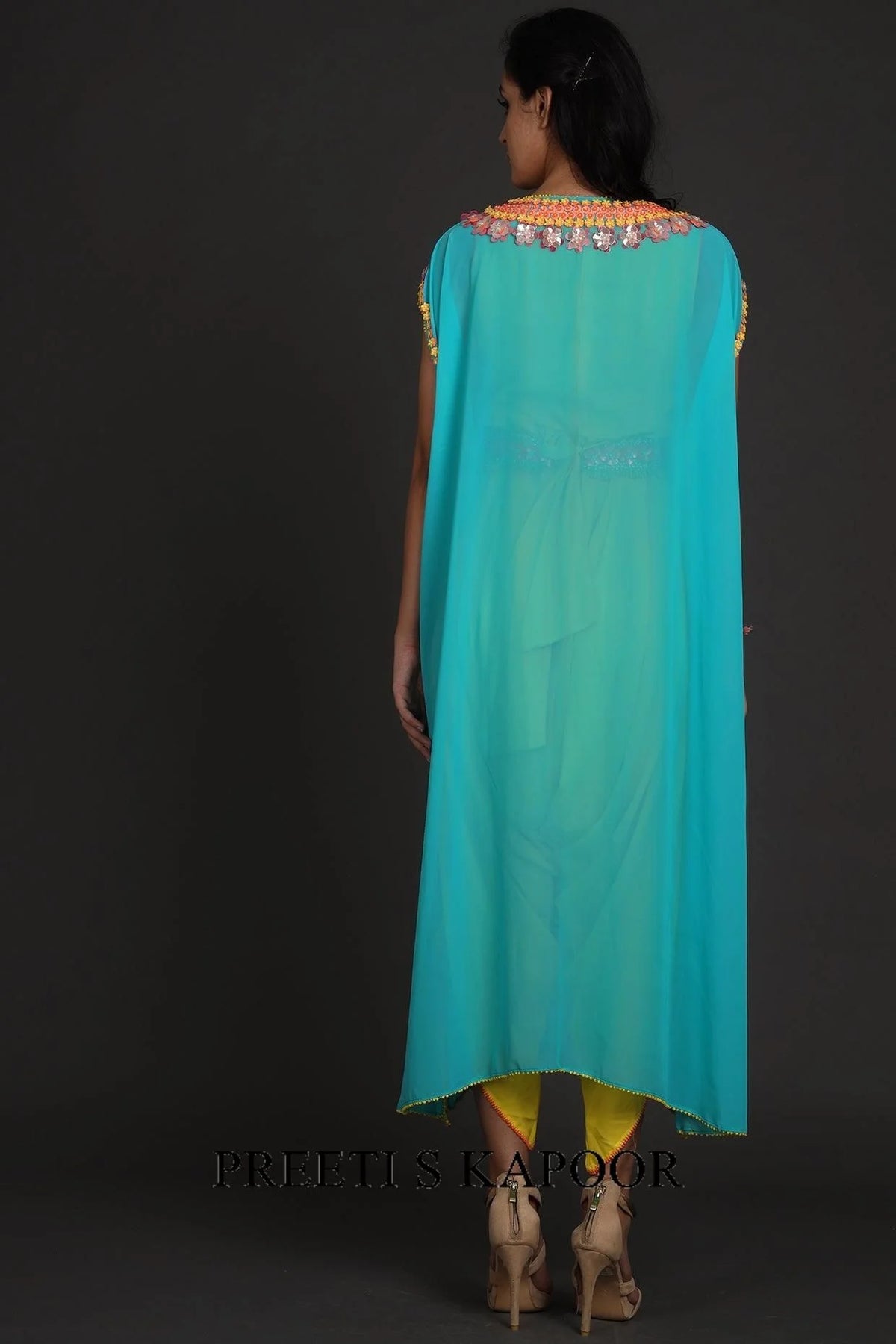 Yellow & Blue Embroidered Jumpsuit With Cape - Preeti S Kapoor