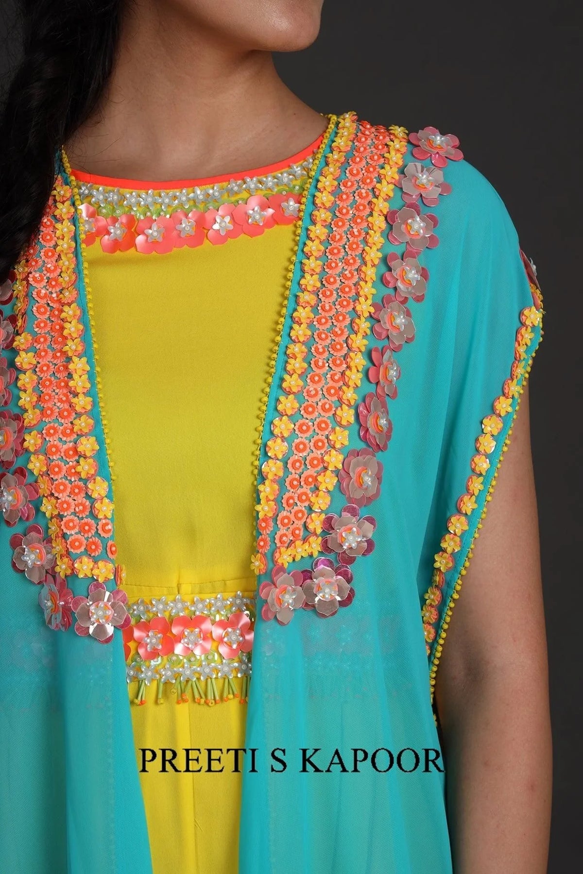 Yellow & Blue Embroidered Jumpsuit With Cape - Preeti S Kapoor