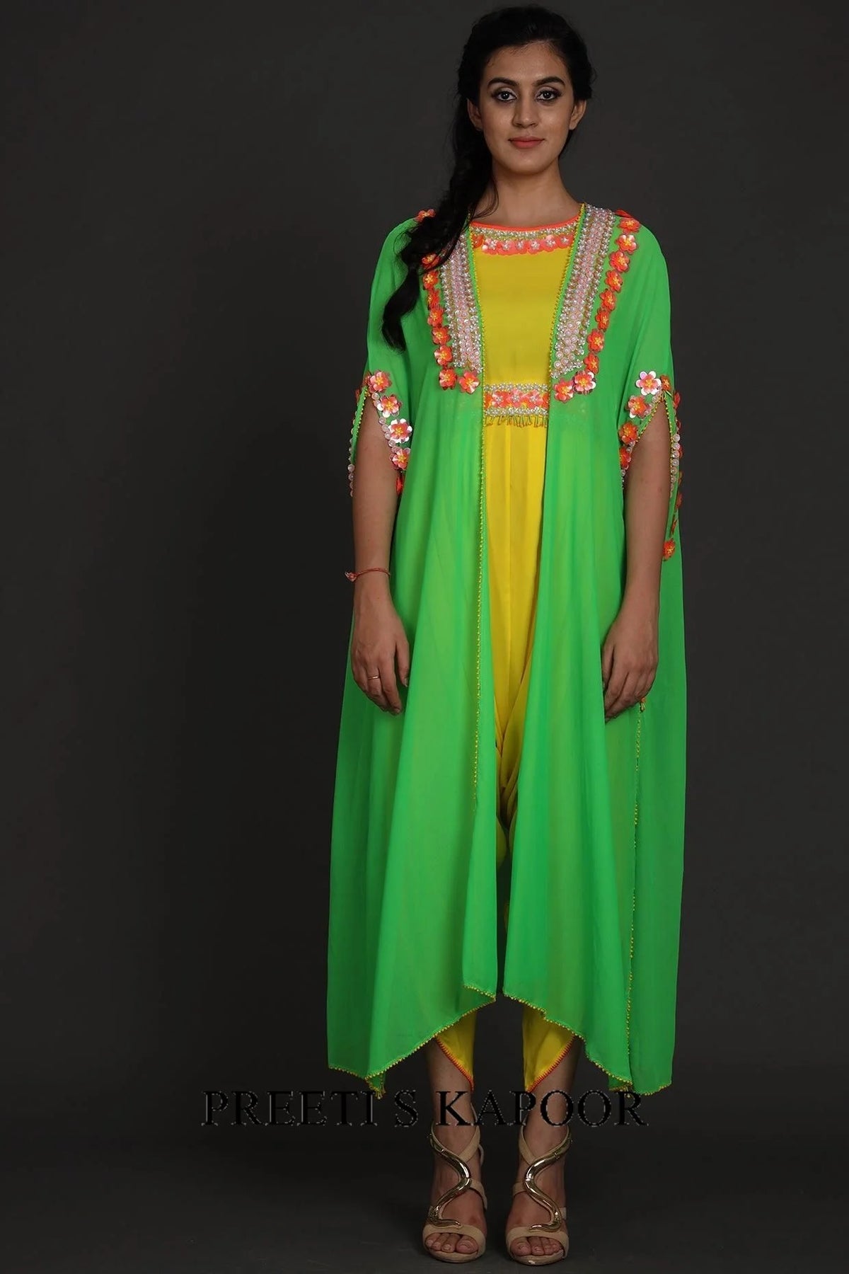 Yellow & Green Embroidered Jumpsuit With Cape - Preeti S Kapoor
