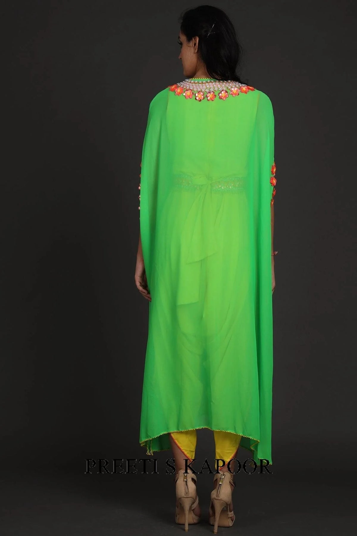 Yellow & Green Embroidered Jumpsuit With Cape - Preeti S Kapoor