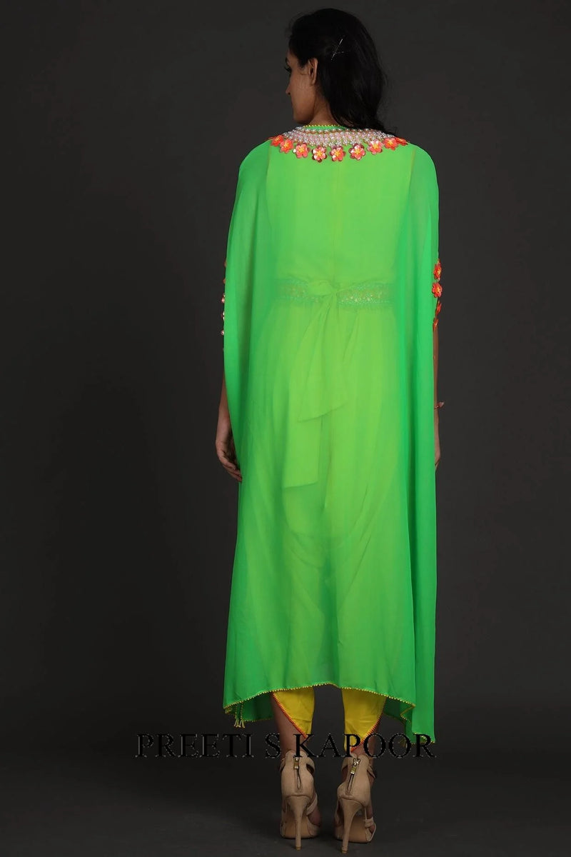 Yellow & Green Embroidered Jumpsuit With Cape - Preeti S Kapoor