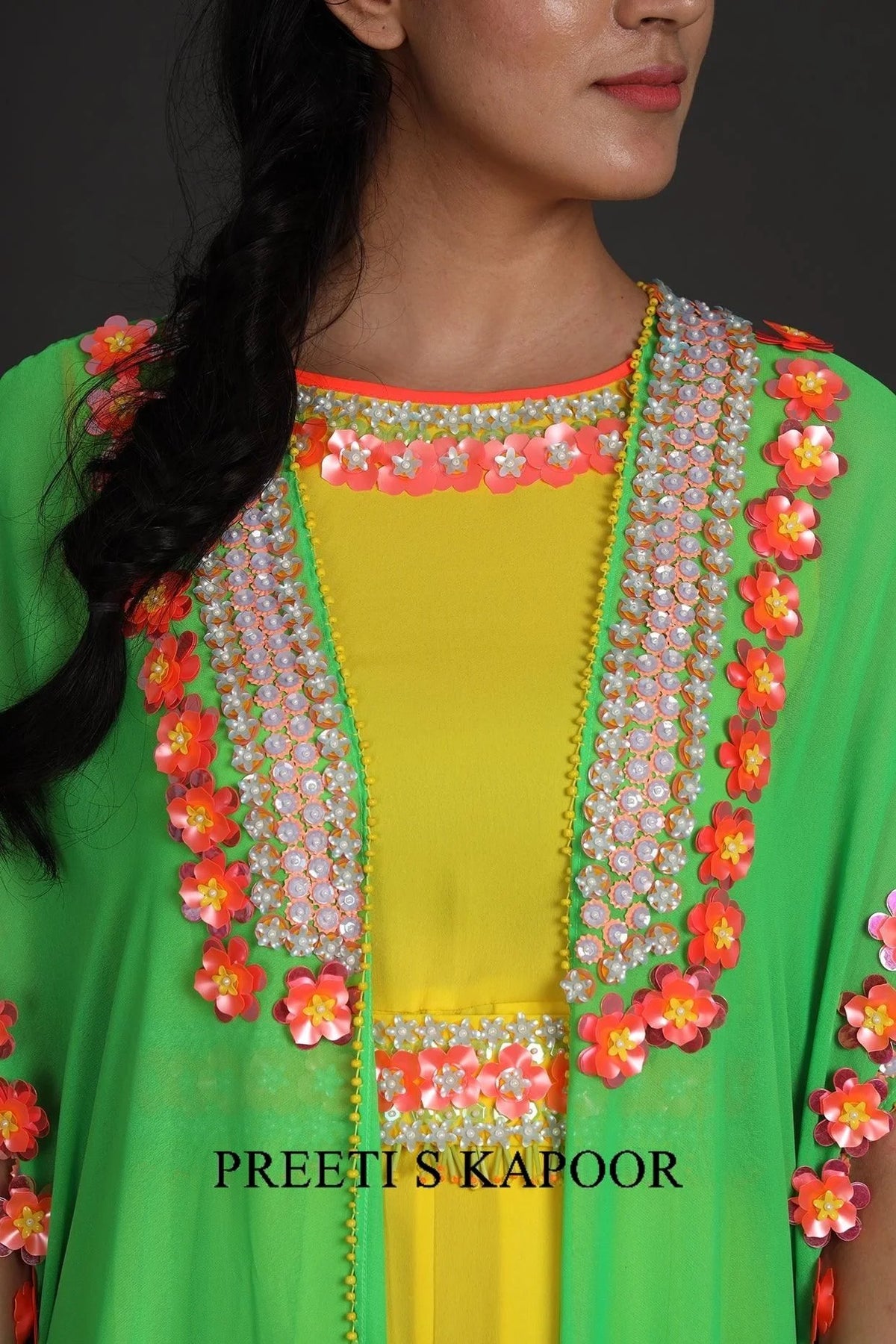 Yellow & Green Embroidered Jumpsuit With Cape - Preeti S Kapoor