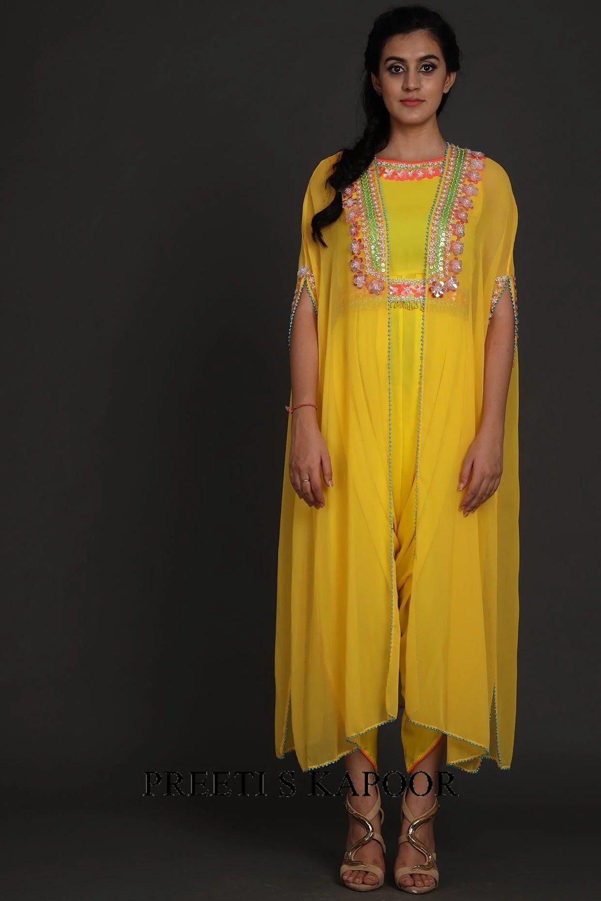 Yellow Embroidered Jumpsuit With Cape - Preeti S Kapoor