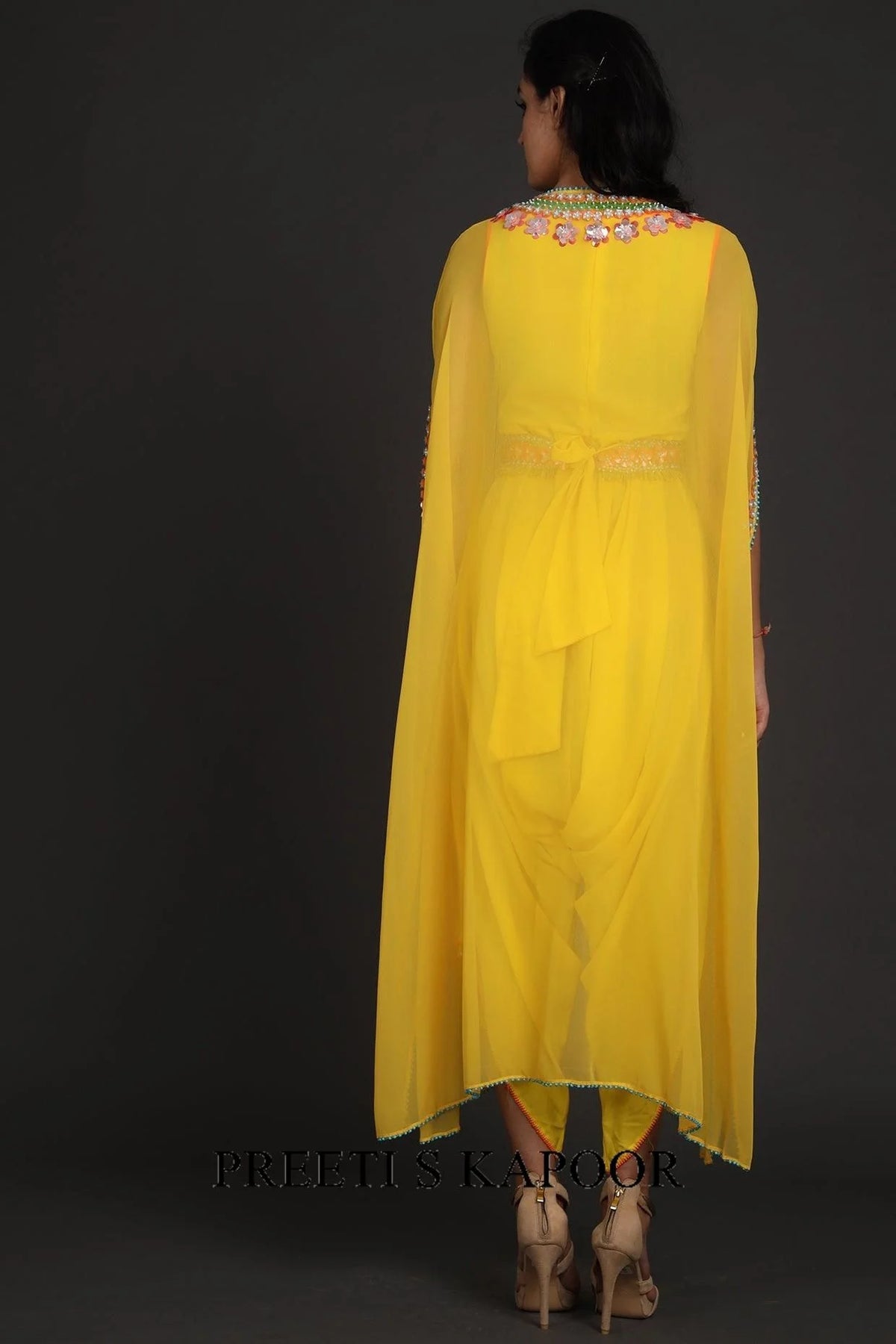Yellow Embroidered Jumpsuit With Cape - Preeti S Kapoor