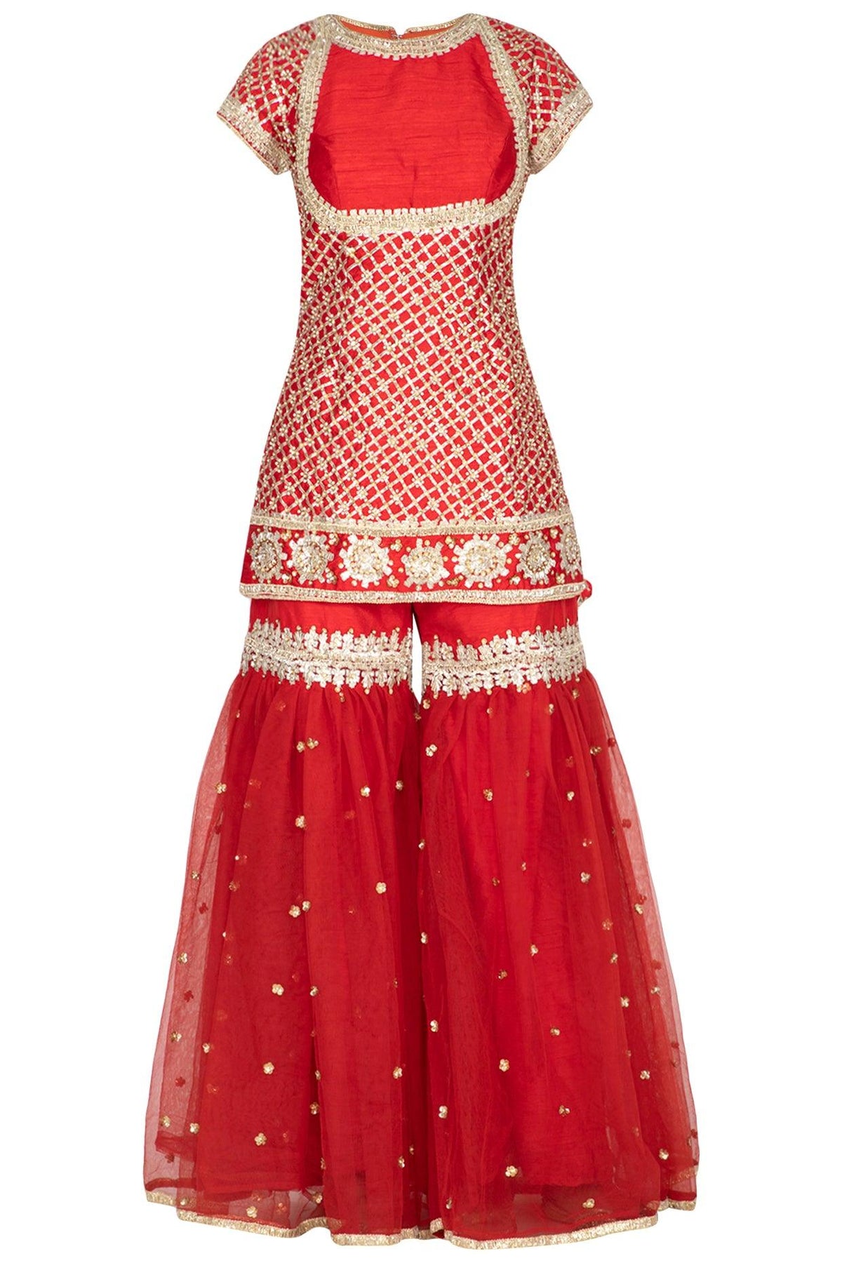 Red Short Kurta Embroidered Gharara Set - Preeti s kapoor