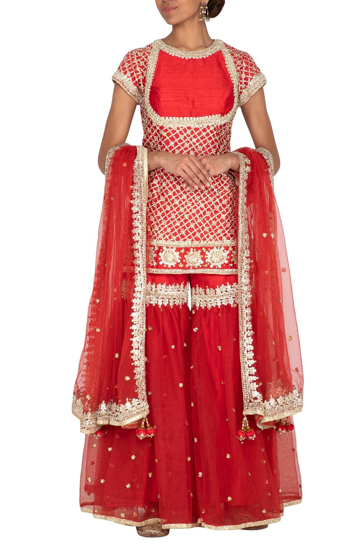 Red Short Kurta Embroidered Gharara Set - Preeti s kapoor