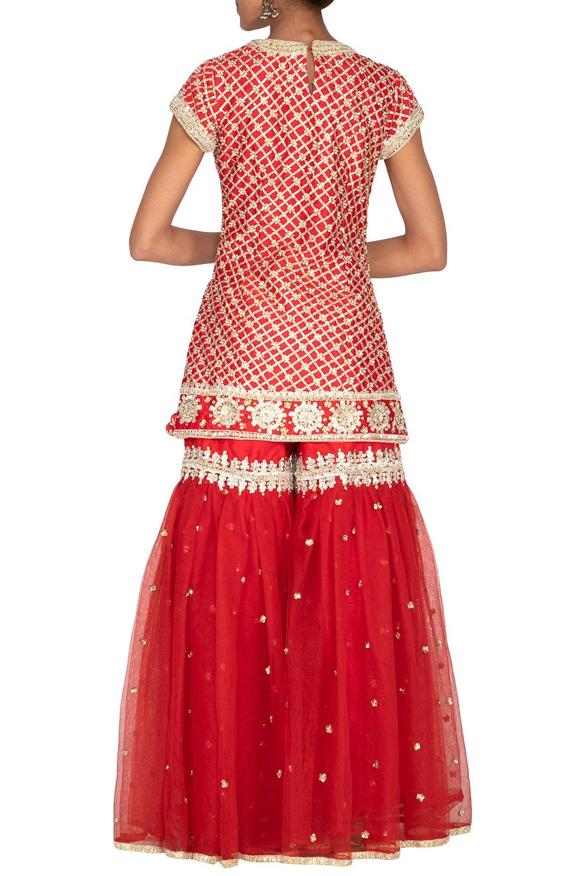 Red Short Kurta Embroidered Gharara Set - Preeti s kapoor