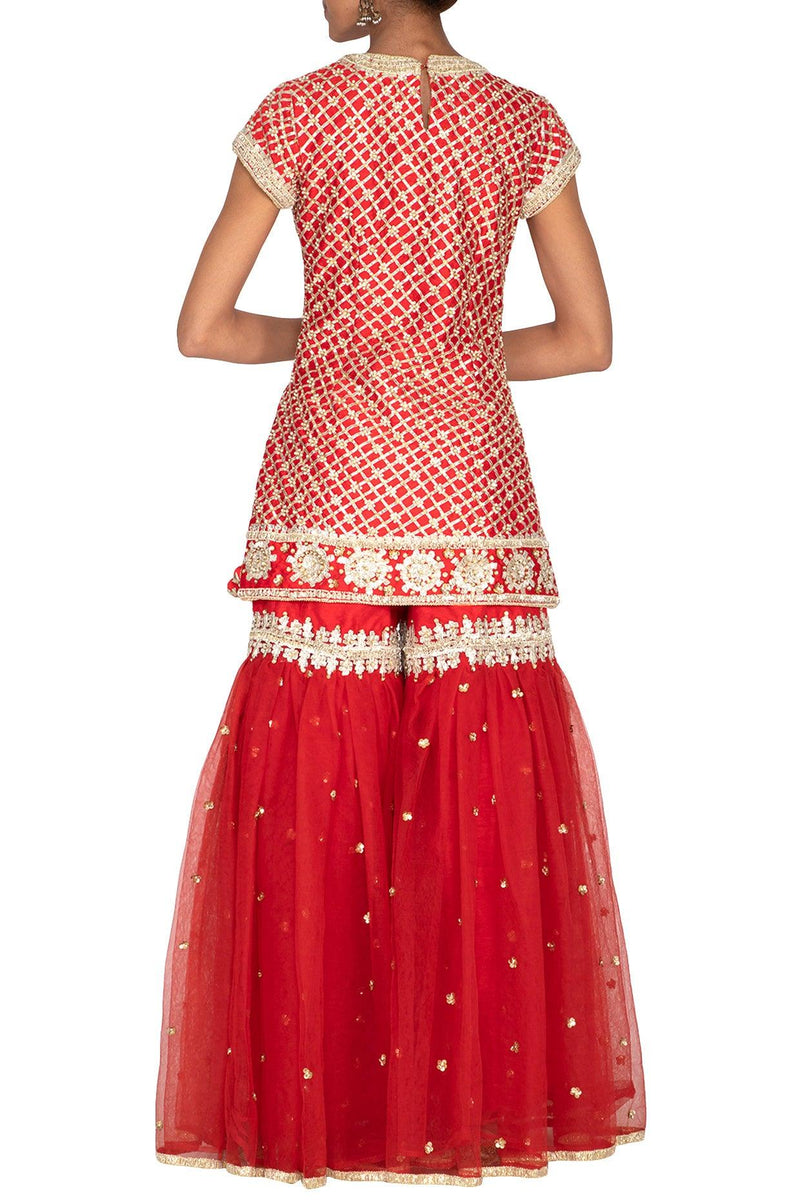 Red Short Kurta Embroidered Gharara Set - Preeti s kapoor