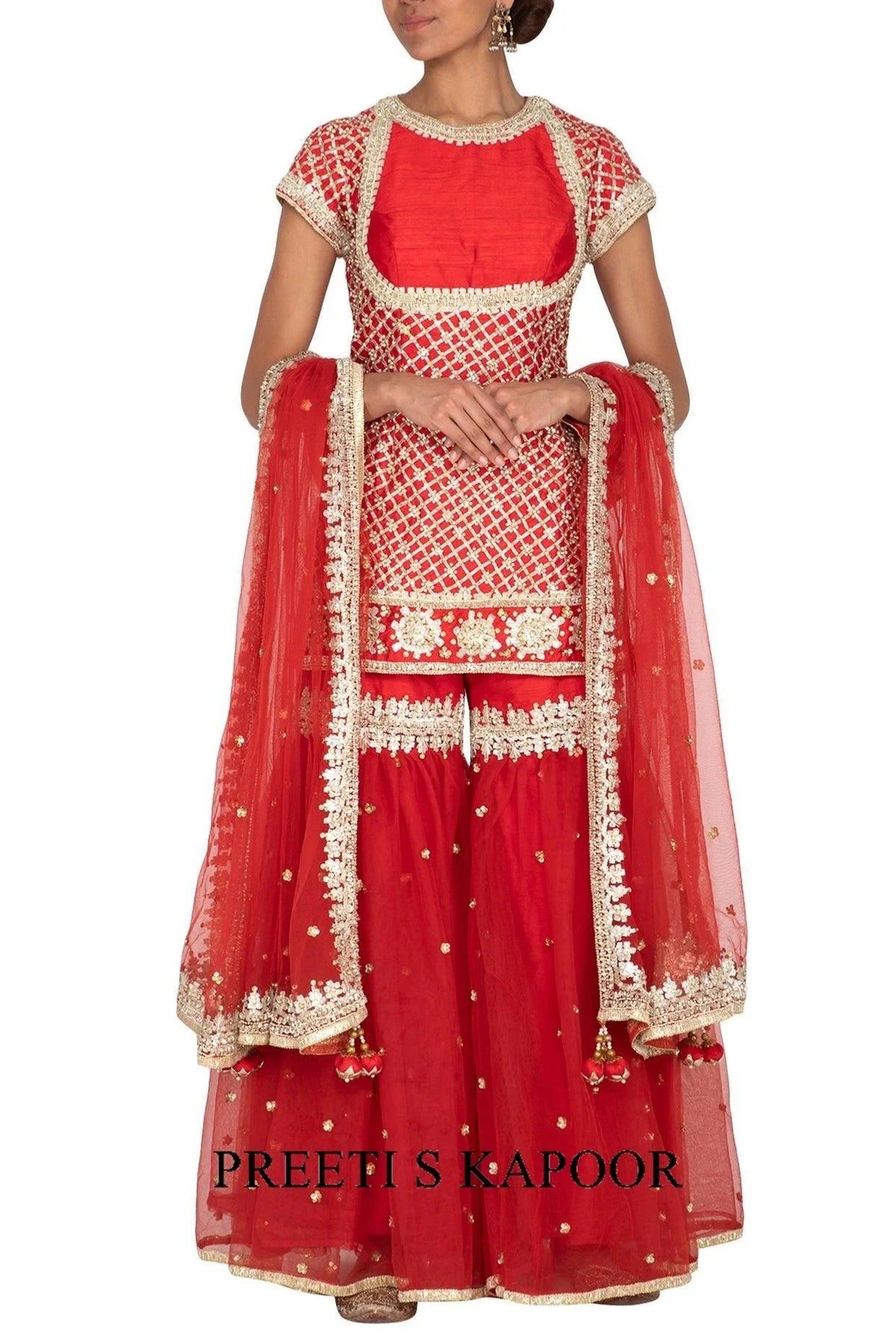Red Short Kurta Embroidered Gharara Set - Preeti S Kapoor