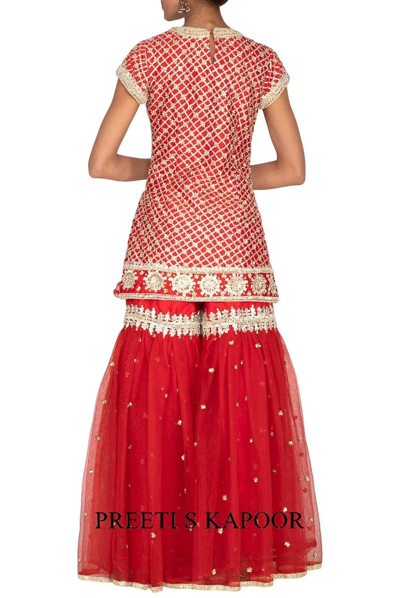 Red Short Kurta Embroidered Gharara Set - Preeti S Kapoor
