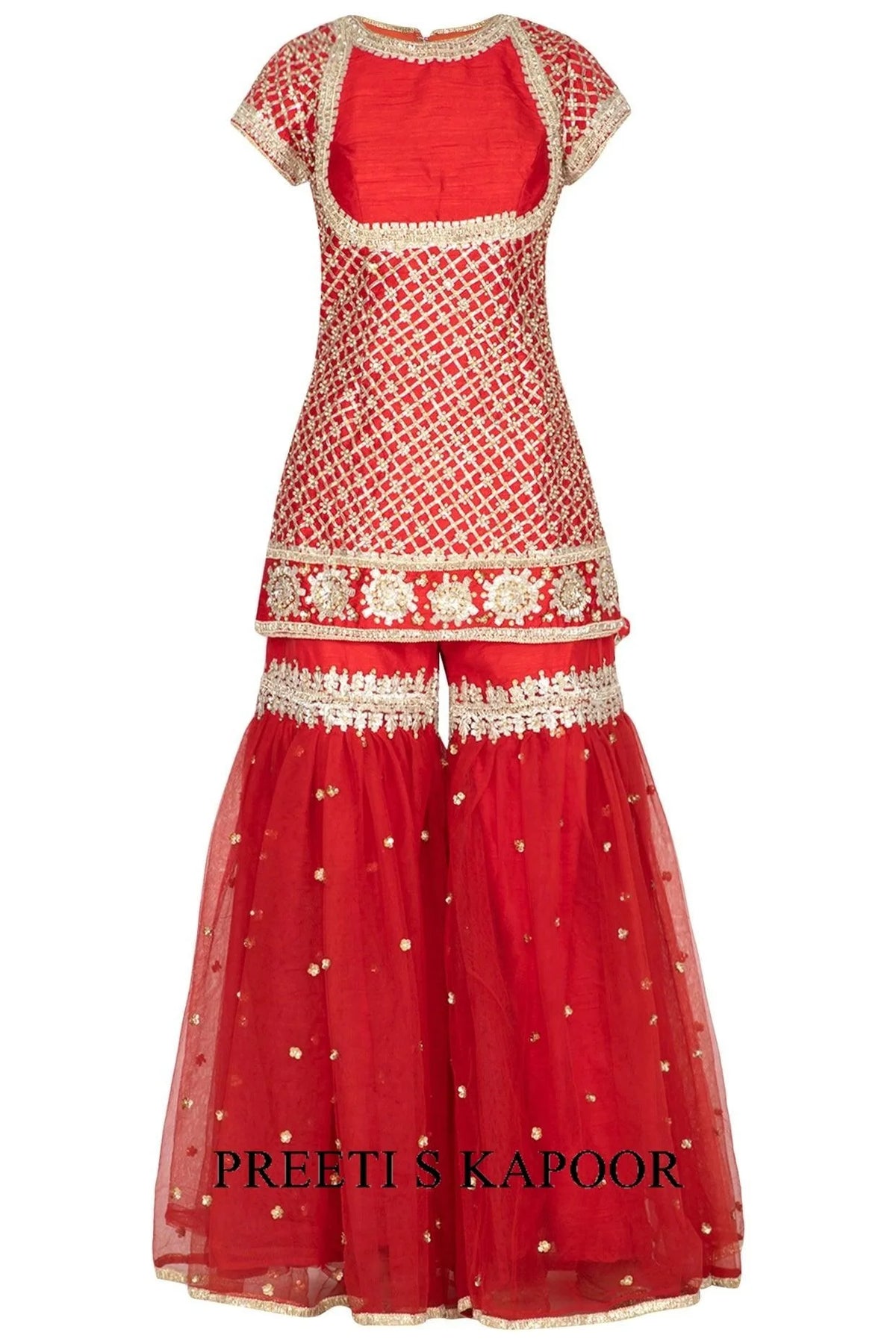 Red Short Kurta Embroidered Gharara Set - Preeti S Kapoor