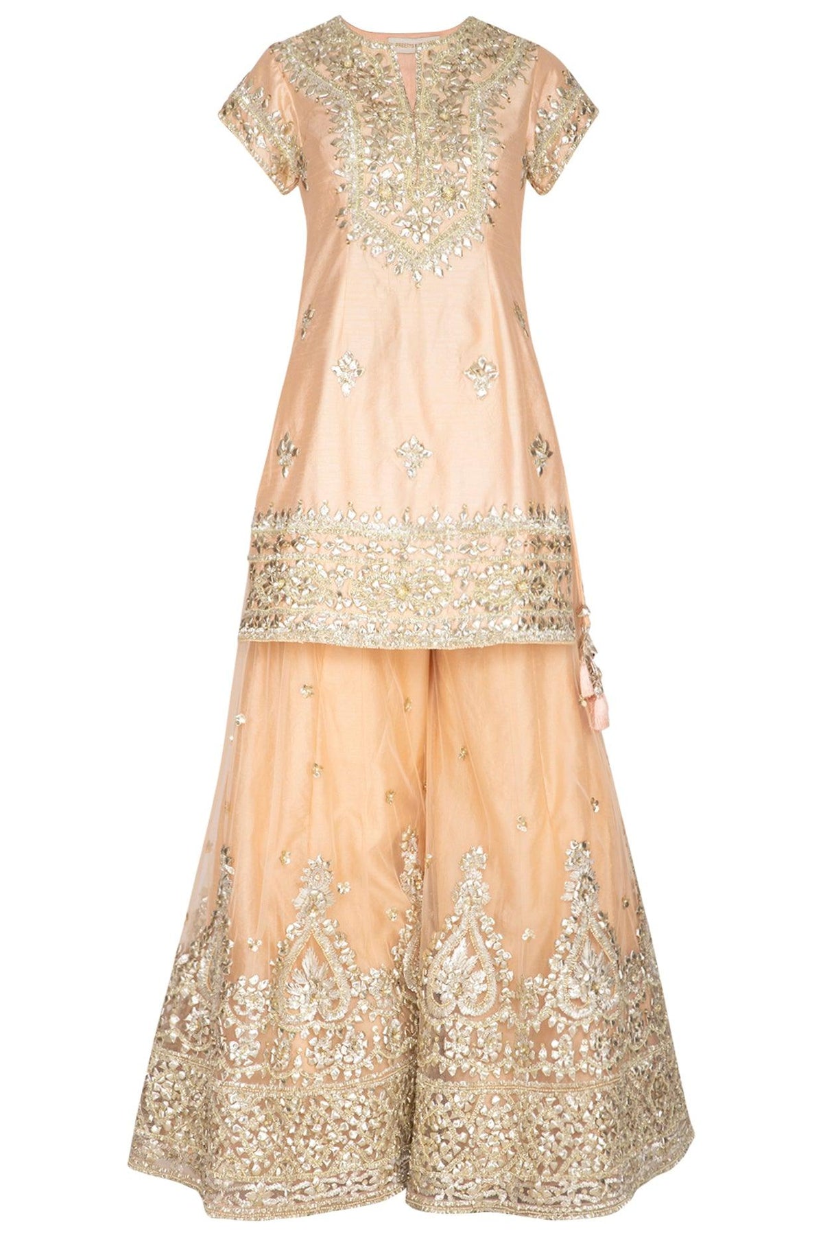 Peach Short Kurta Embroidered Sharara Set - Preeti s kapoor